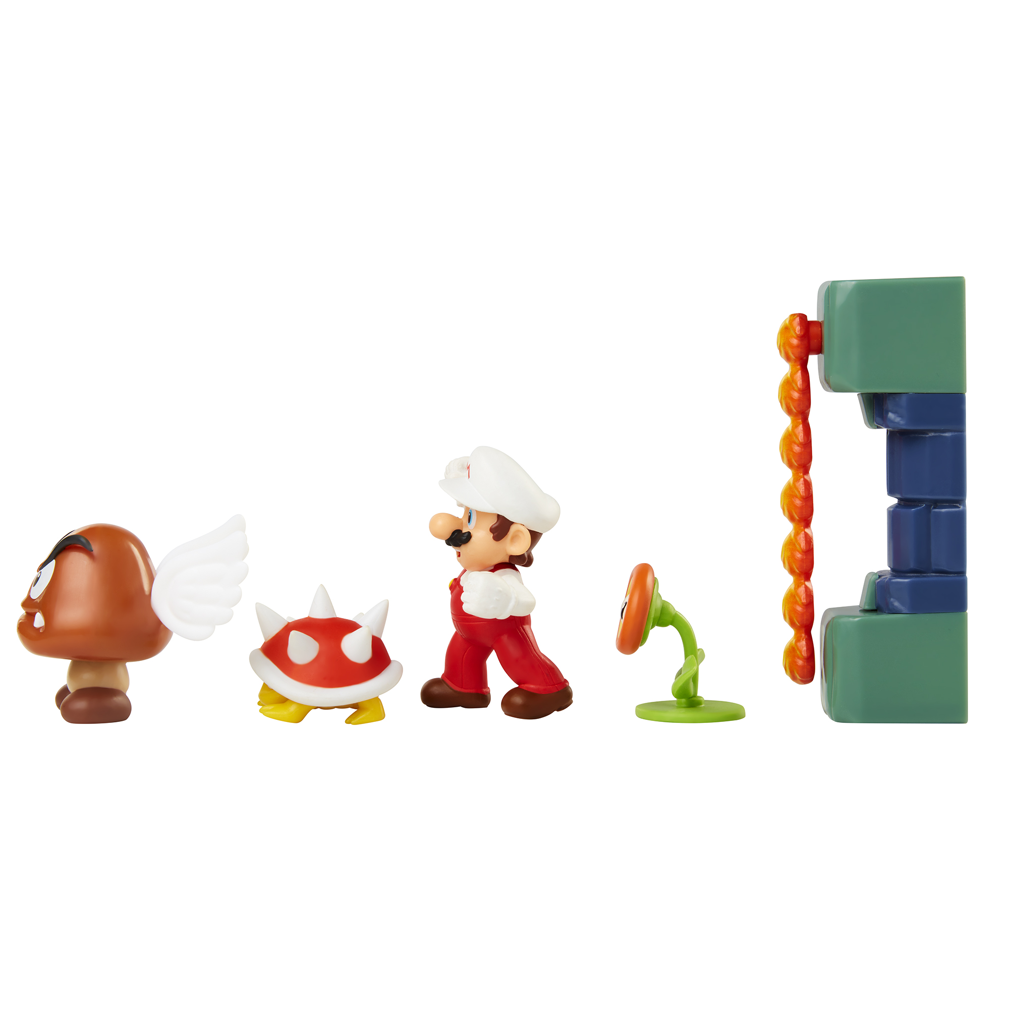 Super Mario Spielzeug-Set: Gumba, Koopa, Mario, Pflanze und ein Block.