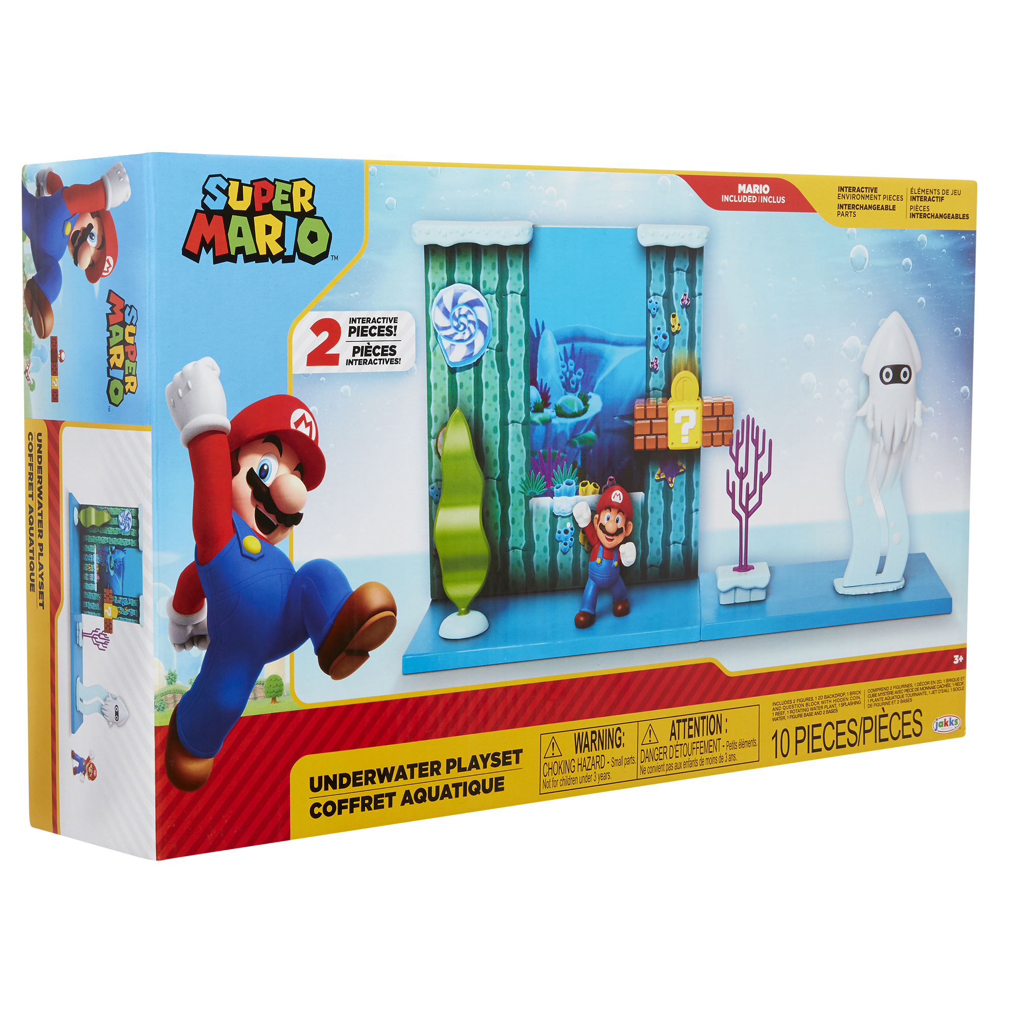 Super Mario Unterwasser-Spielset-Box. Mario-Figur. Buntes, cartoonhaftes Design mit Zubehör.