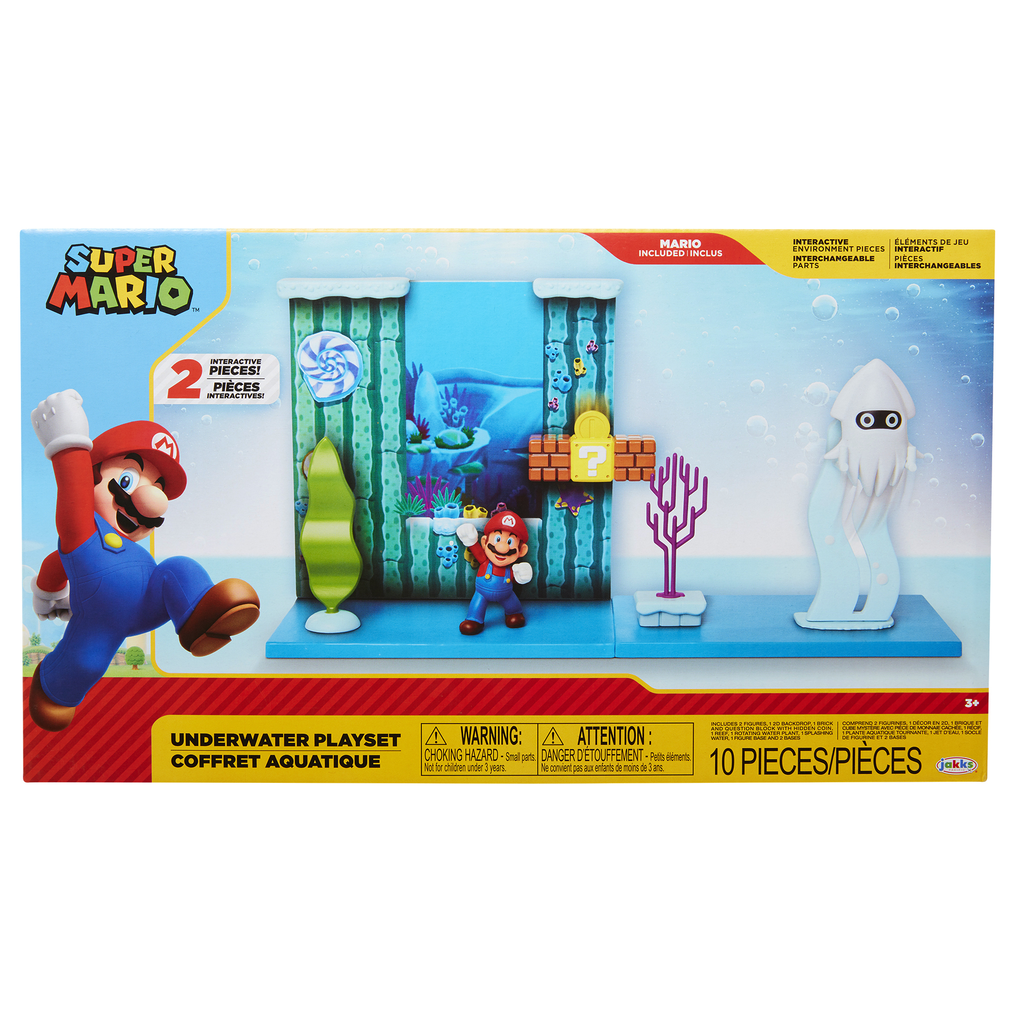 Super Mario Unterwasser-Spielset. Mario-Figur, Oktopus, Koralle und blauer Hintergrund sind sichtbar.