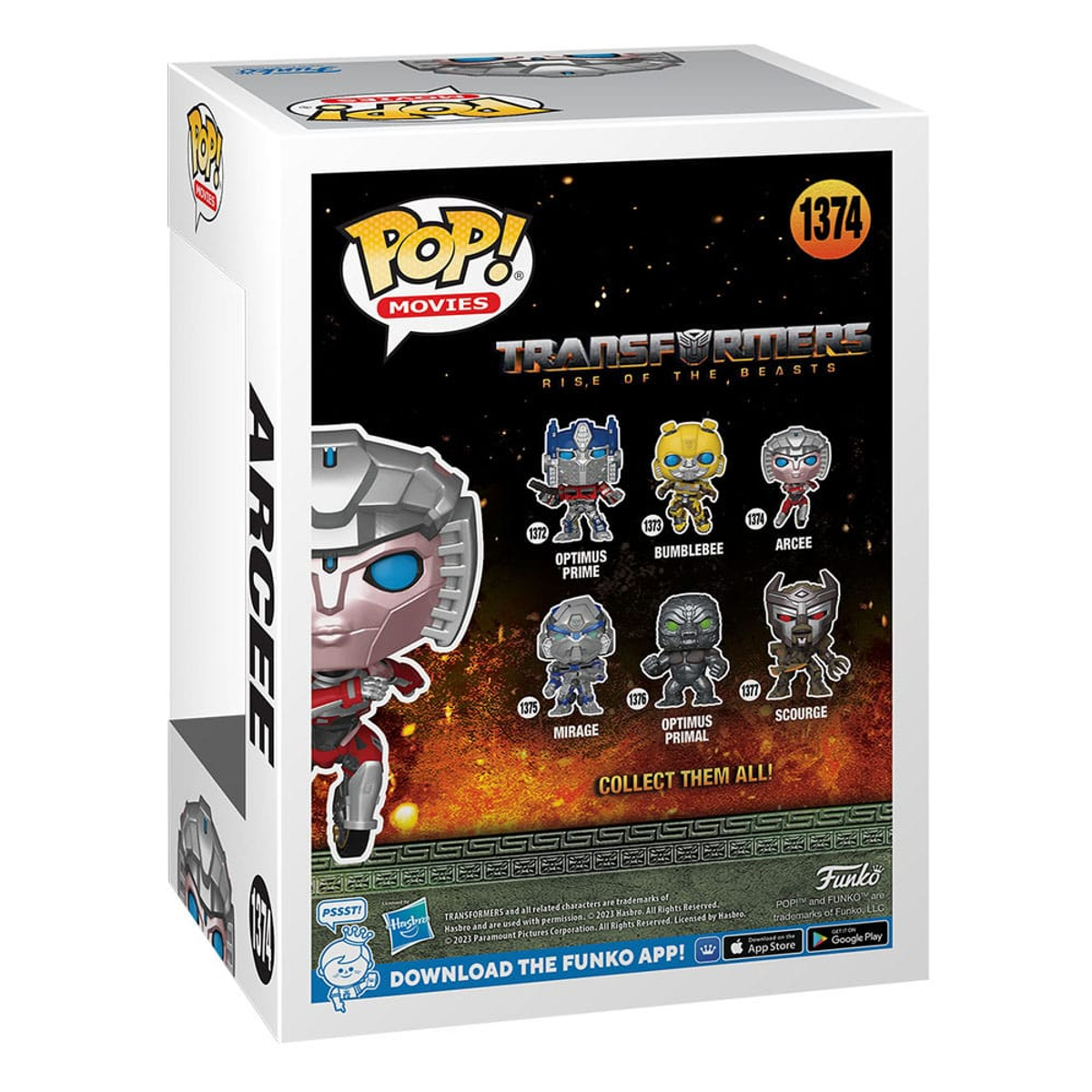 Una scatola Pop! Movies con personaggi di Transformers. La scatola mostra i personaggi e il titolo del film.