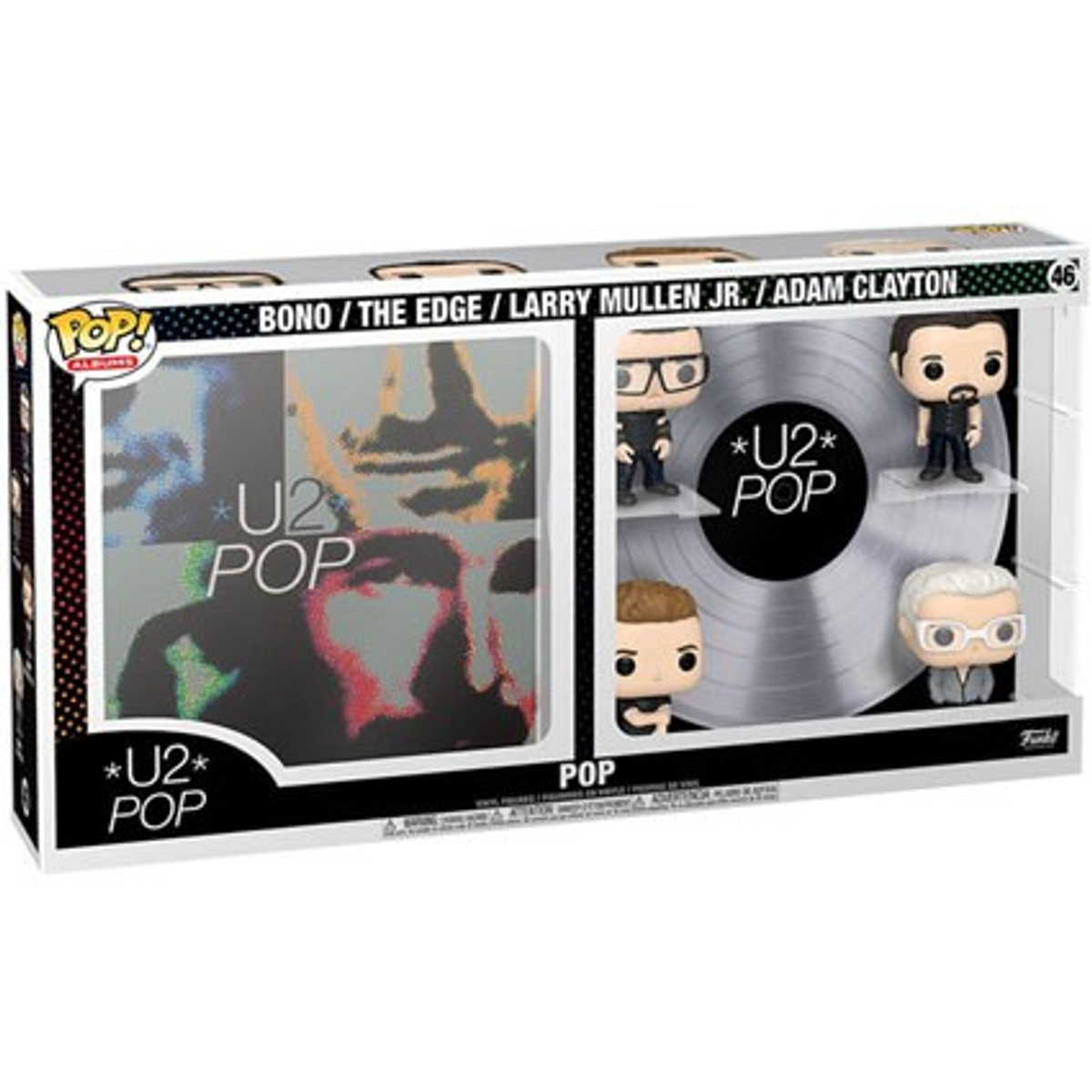 U2 Pop! vinilo y figuras. Set en caja. Fondo blanco y gris.
