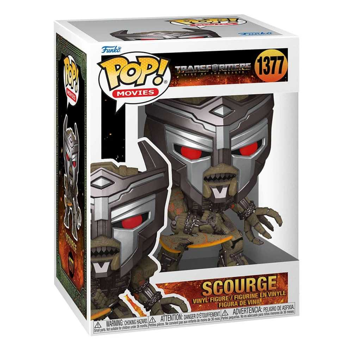 Action figure di Scourge in una scatola. Dettagli grigi e rossi, esposizione di giocattoli.