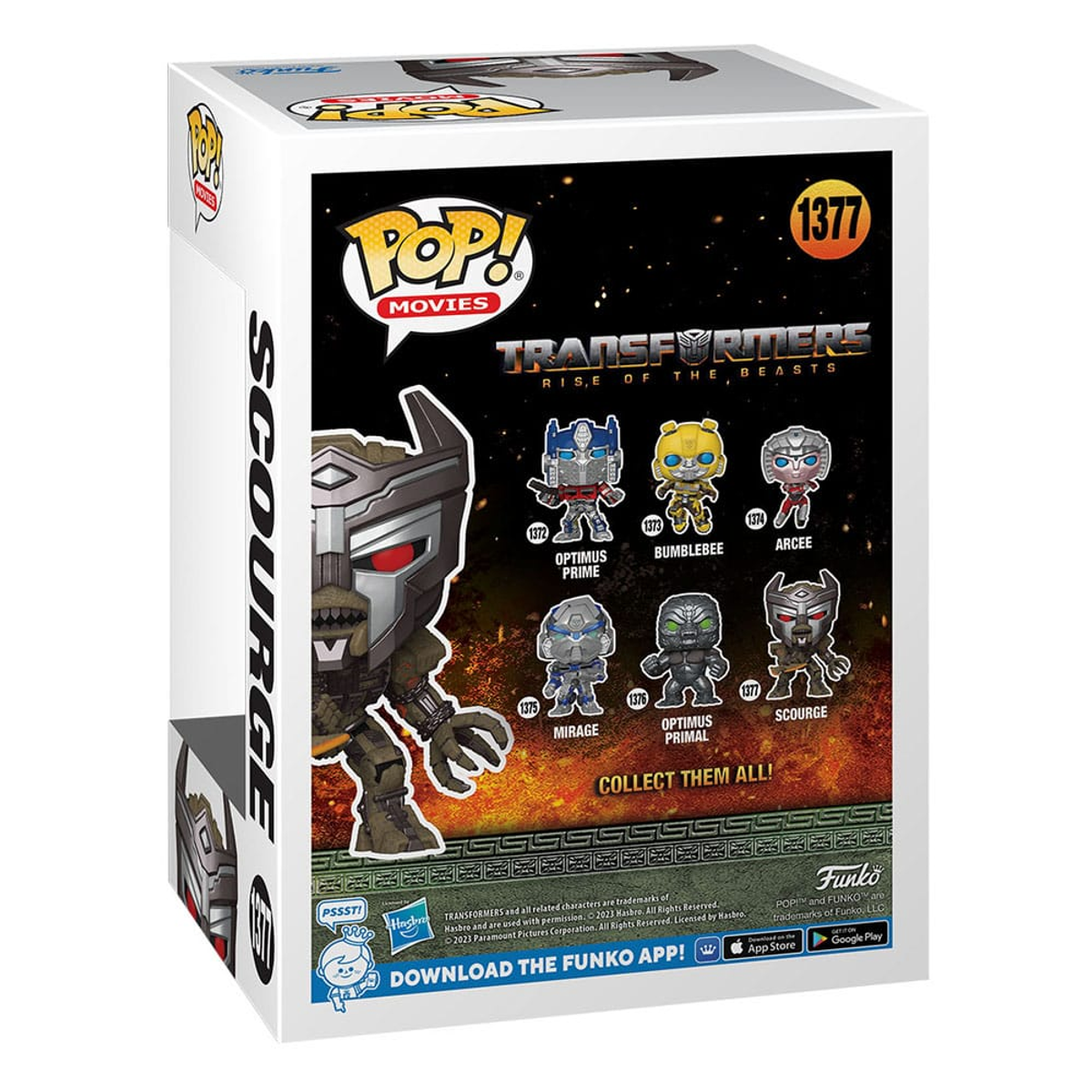 Una scatola bianca con le figure di Pop! Movies Transformers sopra. La scatola mostra diversi personaggi e nomi.