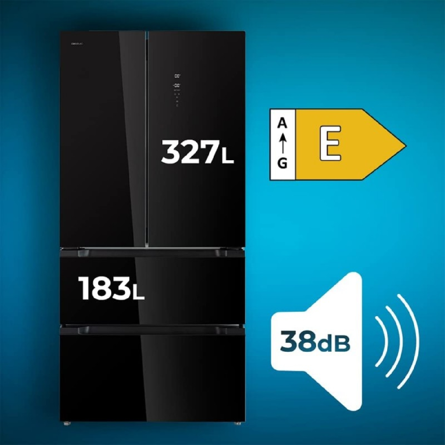 Czarna lodówka z dwiema szufladami zamrażarki i szczegółami efektywności energetycznej. Etykiety z pomiarami.