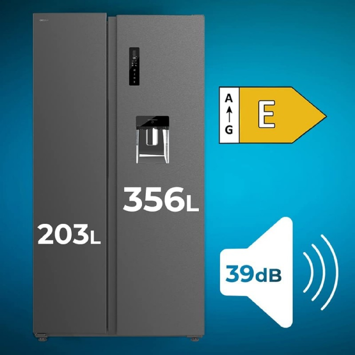 Refrigerador gris con etiqueta de clasificación energética e información de capacidad.