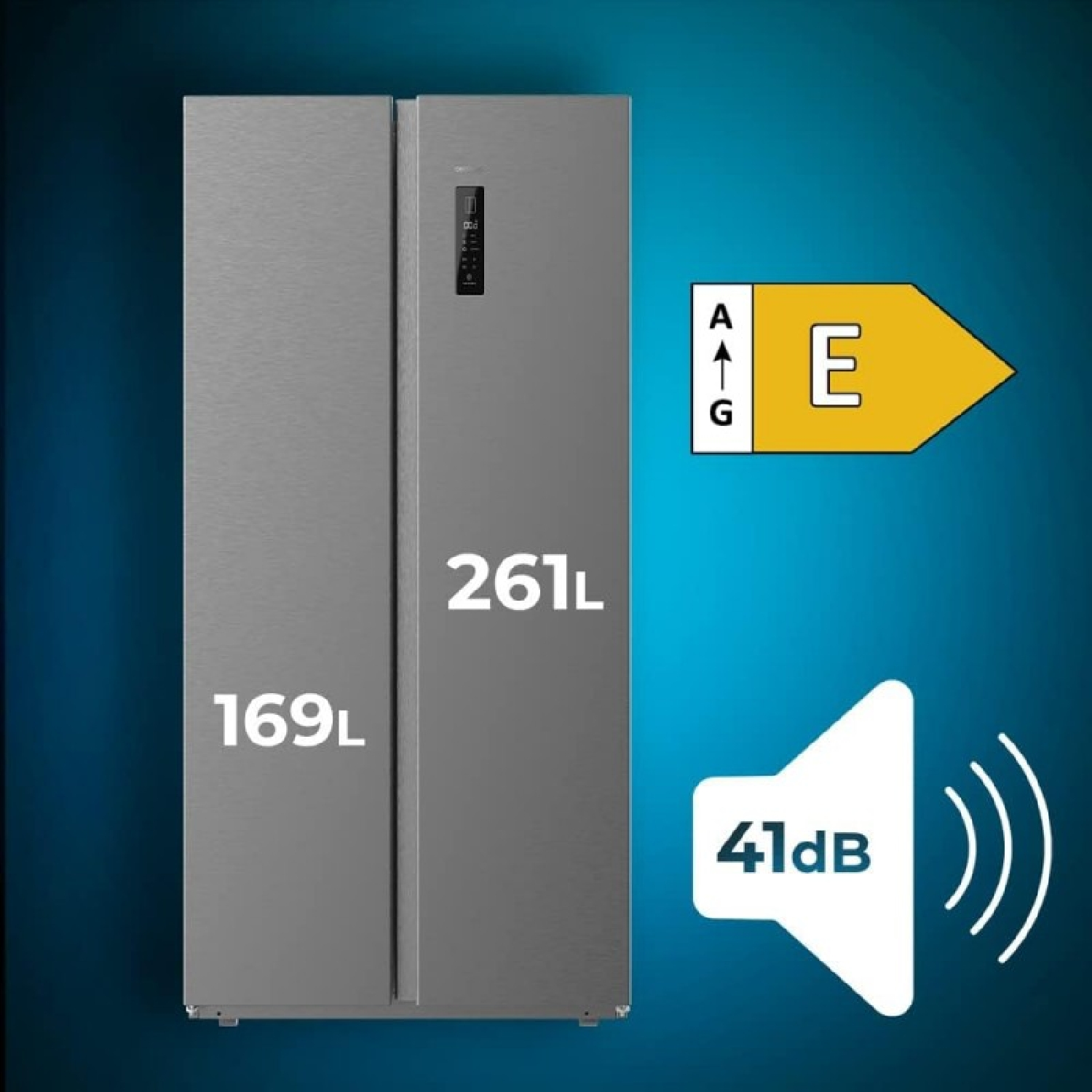 Frigorifero side-by-side, grigio con etichetta di efficienza energetica. Mostra 261L e 169L.
