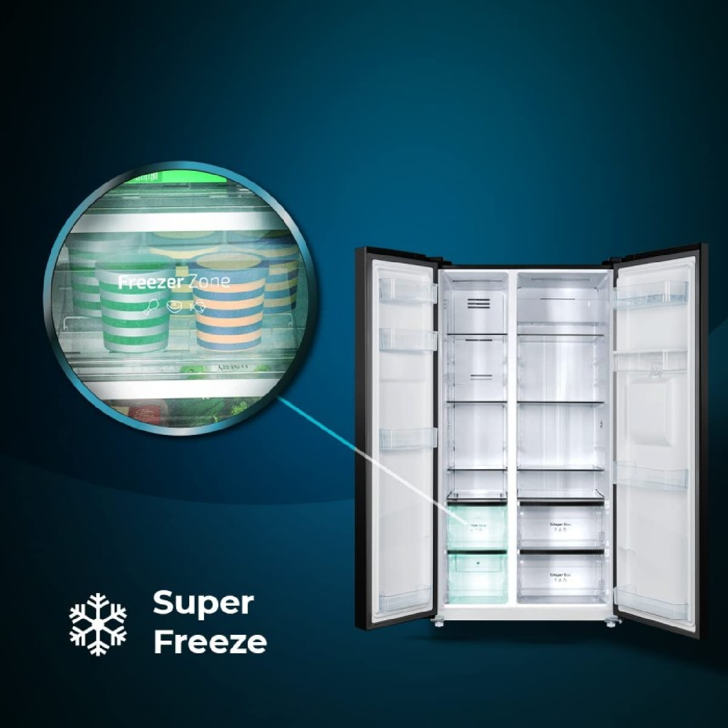 Un refrigerador con las puertas abiertas, mostrando estantes y recipientes de helado, con una imagen insertada.