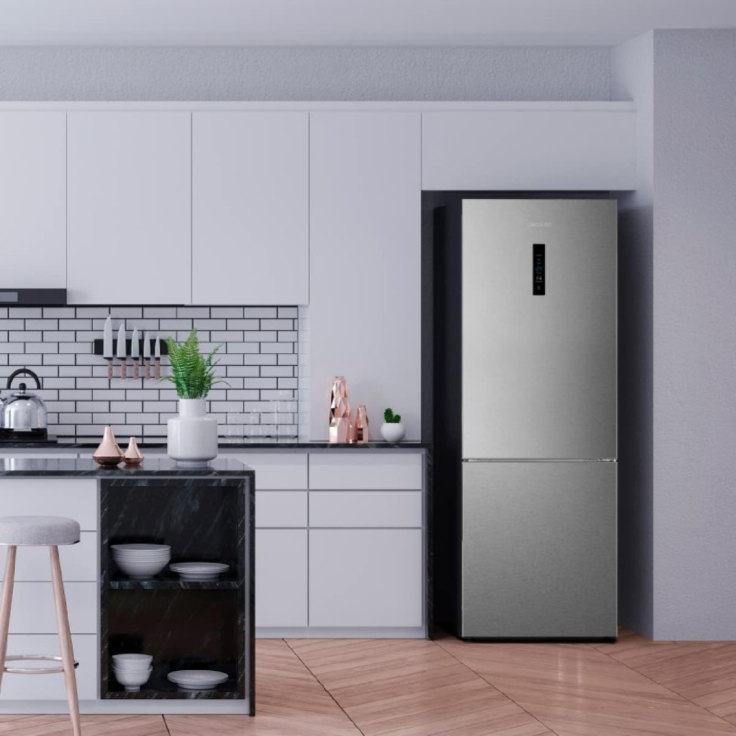 Cucina moderna con frigorifero in acciaio inossidabile, mobili bianchi e bancone.