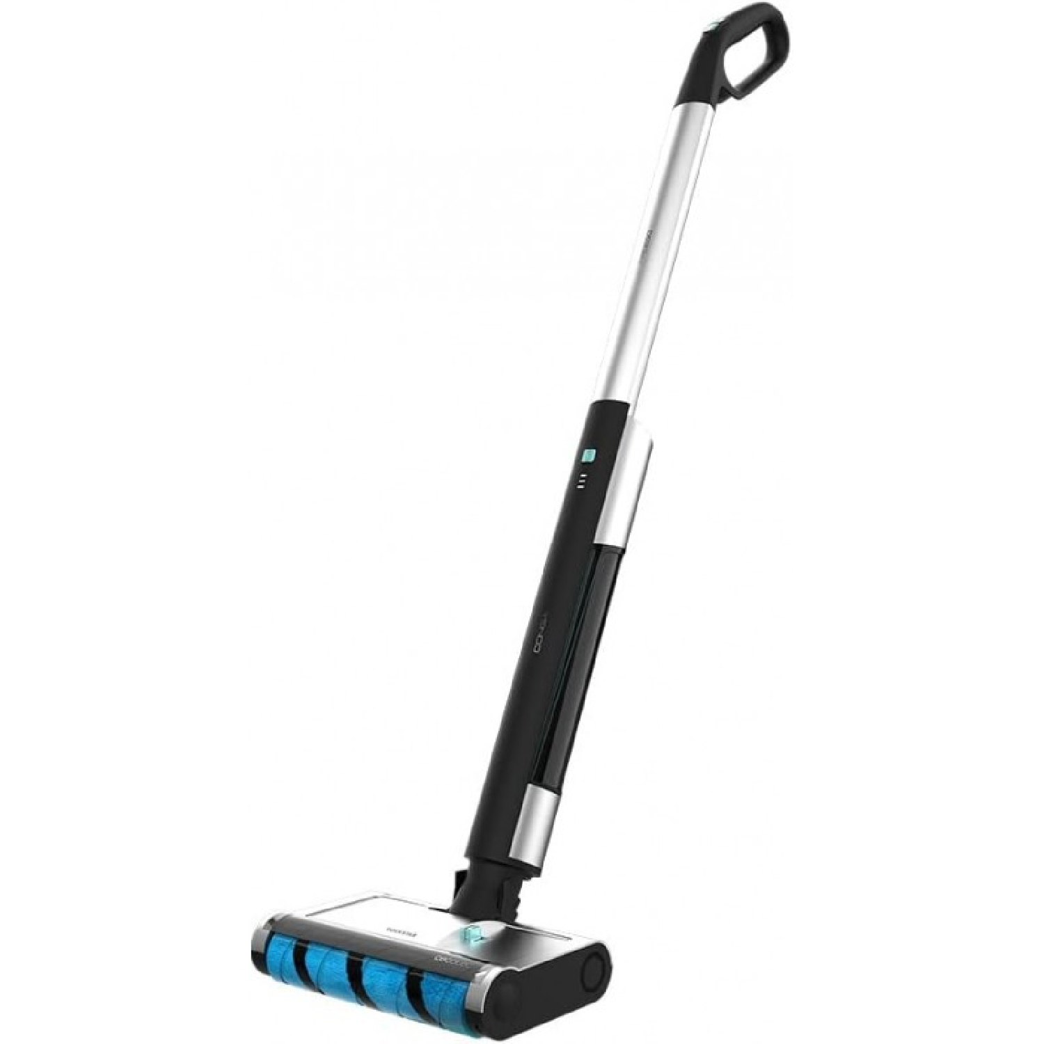 Ein kabelloser Bodenreiniger mit einem schwarz-silbernen Gehäuse und blauen Rollen.