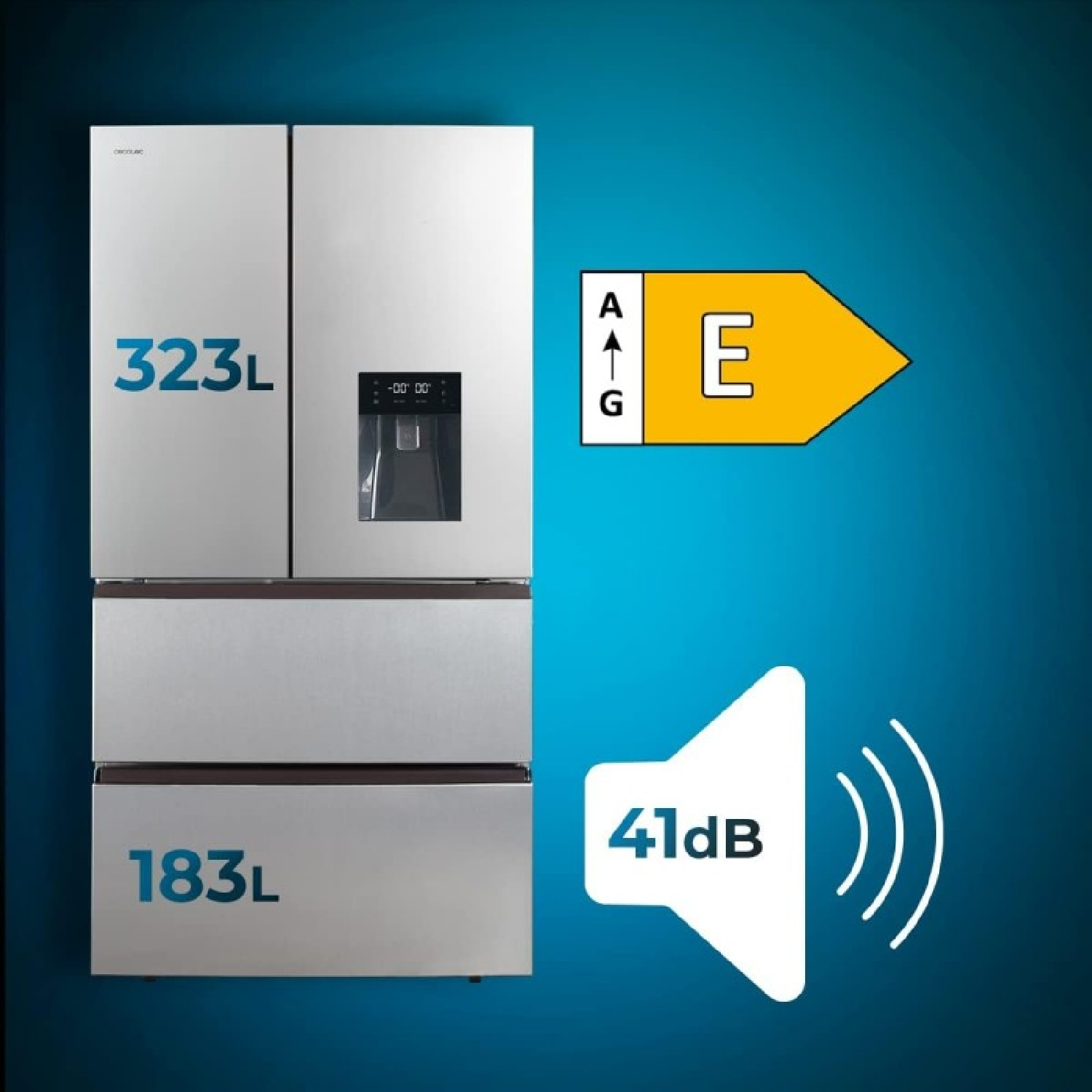 Srebrna lodówka z niebieskim tekstem i etykietą energetyczną. Tło jest niebieskie.