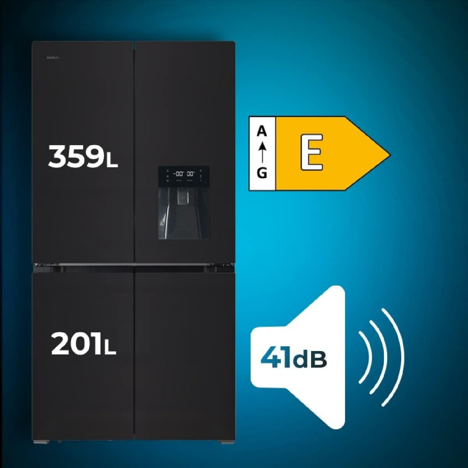 Czarna lodówka z dwoma drzwiami, dozownikiem wody, etykietą energetyczną E i pojemnością 359L/201L, hałas 41dB.