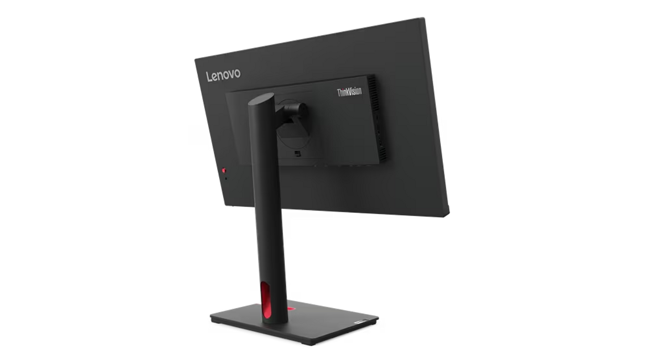 Rückseite eines Lenovo-Monitors mit ThinkVision-Logo, schwarz, auf einem schwarzen Ständer.