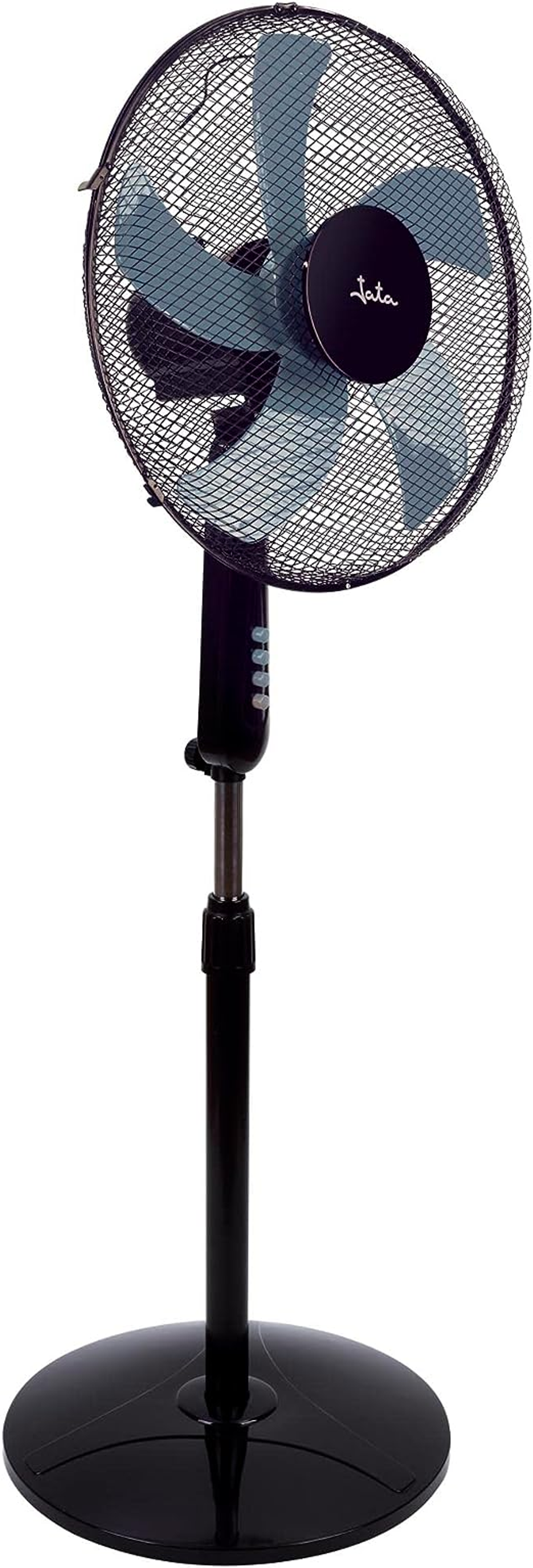 Un ventilador de pie negro con una base circular y una rejilla metálica.