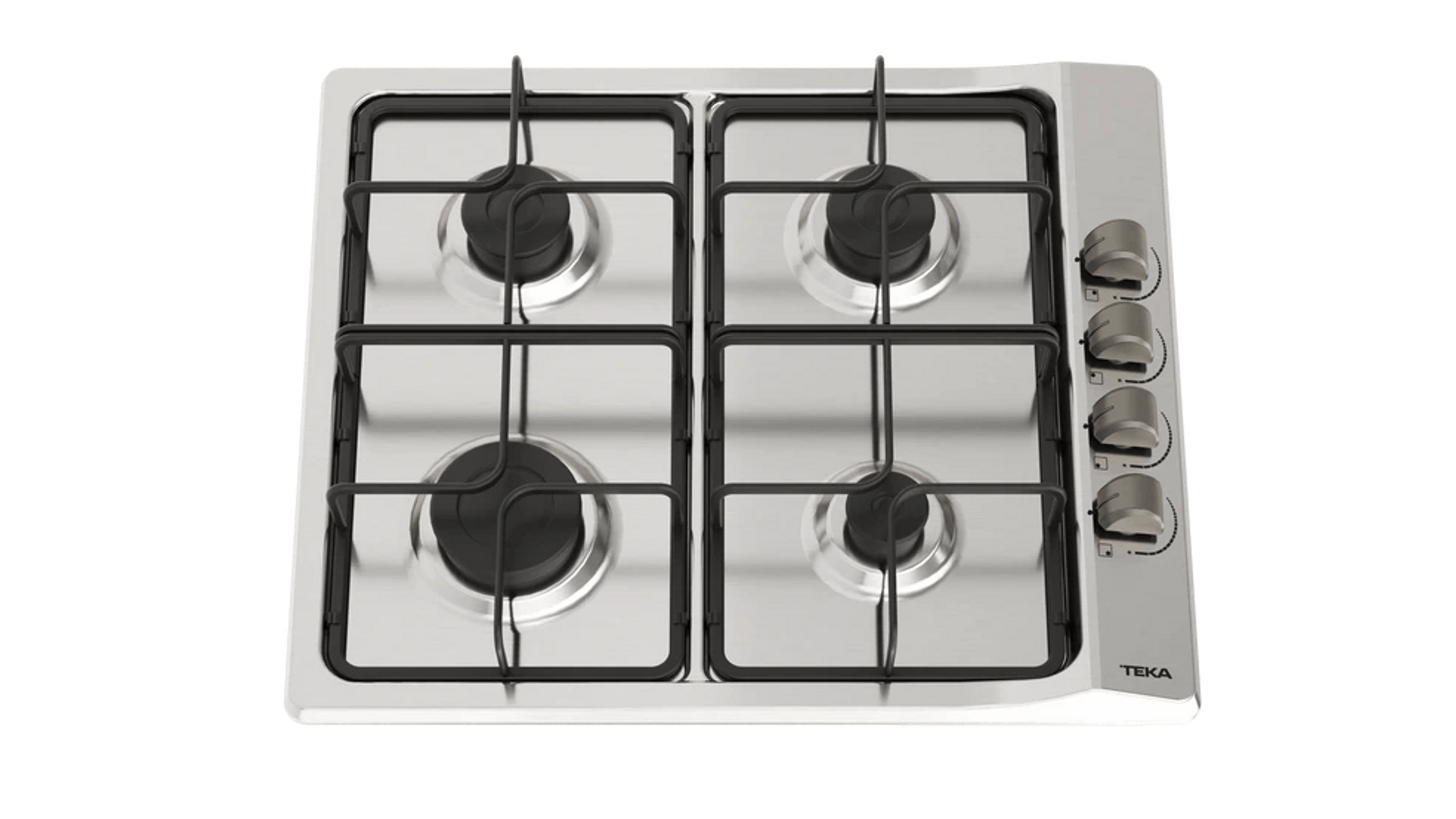 Płyta gazowa ze stali nierdzewnej z czterema palnikami i srebrnymi pokrętłami.