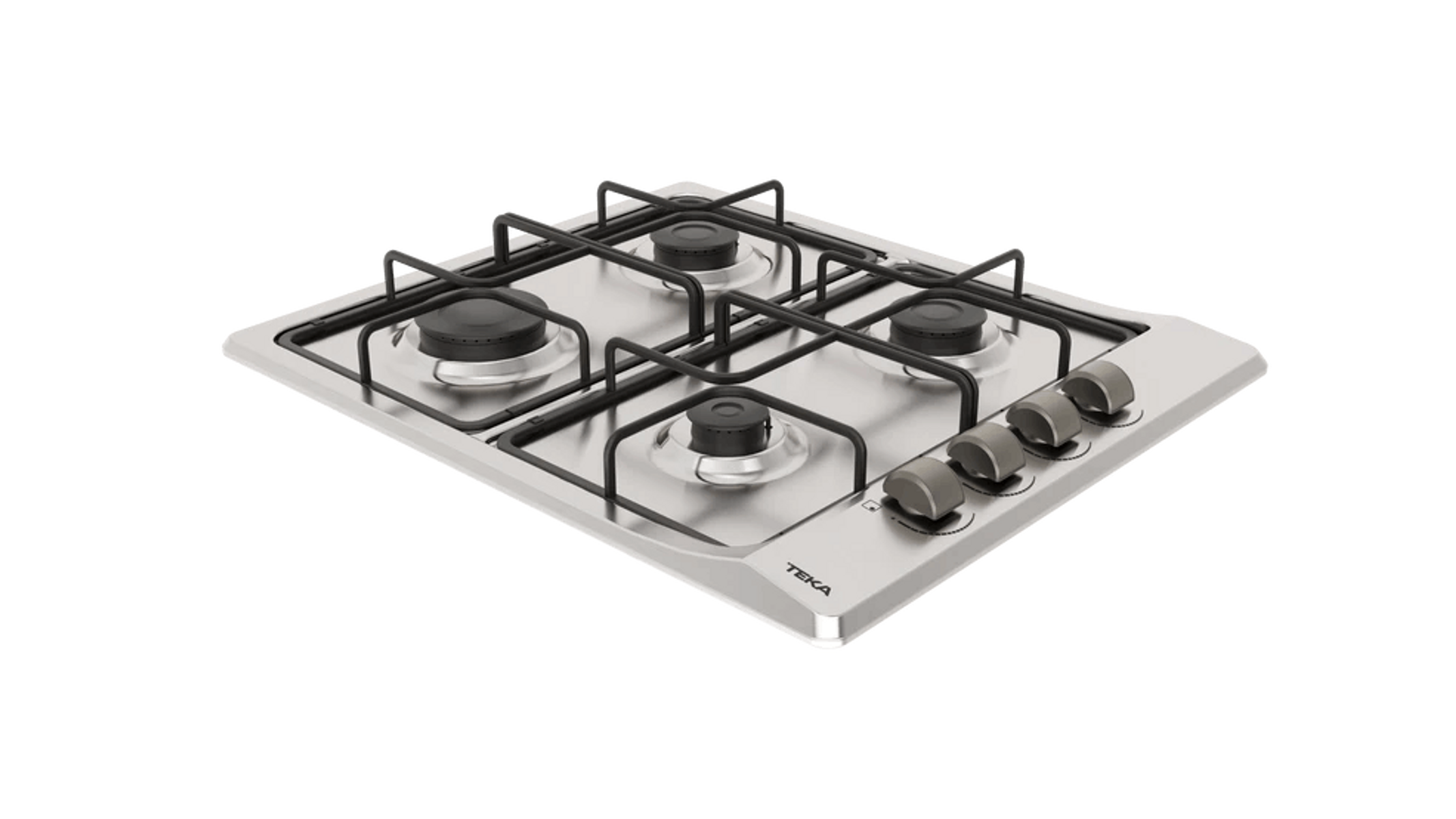 Płyta kuchenna ze stali nierdzewnej z czterema palnikami i pokrętłami. Czarne tło.