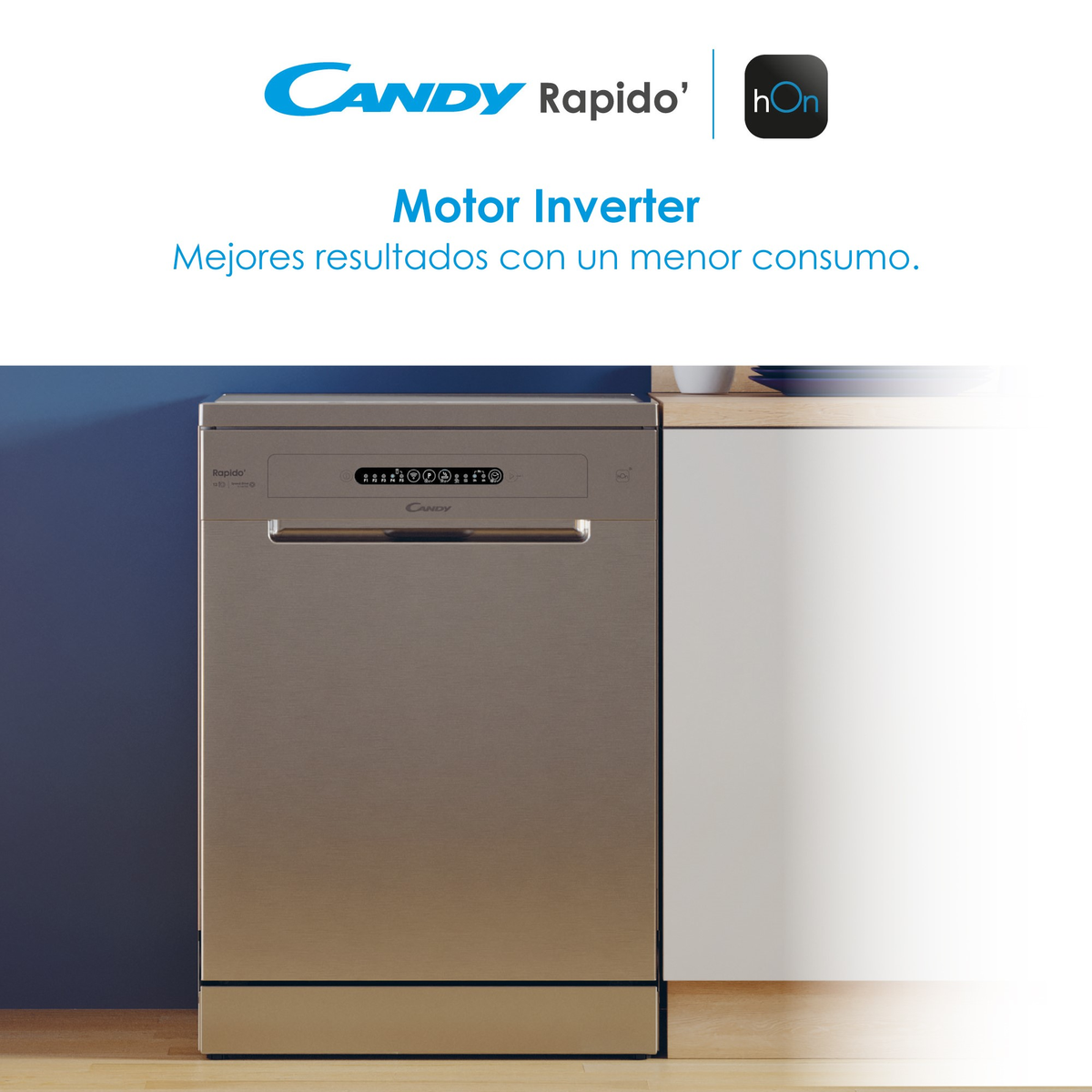 Zmywarka ze stali nierdzewnej marki Candy Rapido z napisem 'Motor Inverter'. Na tle białych szafek.