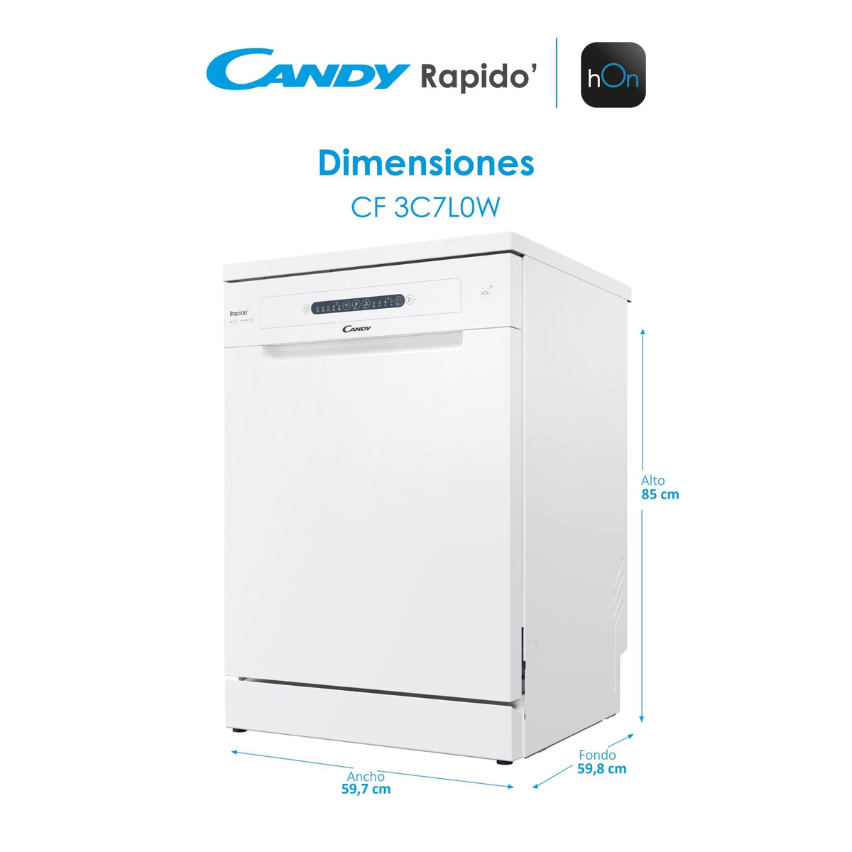 Lavavajillas Candy Rapido blanco. Dimensiones: ancho 59,7 cm, fondo 59,8 cm, alto 85 cm.