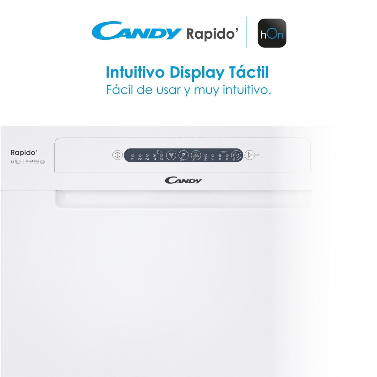 Lavavajillas blanco con panel de control negro y logotipo de Candy.