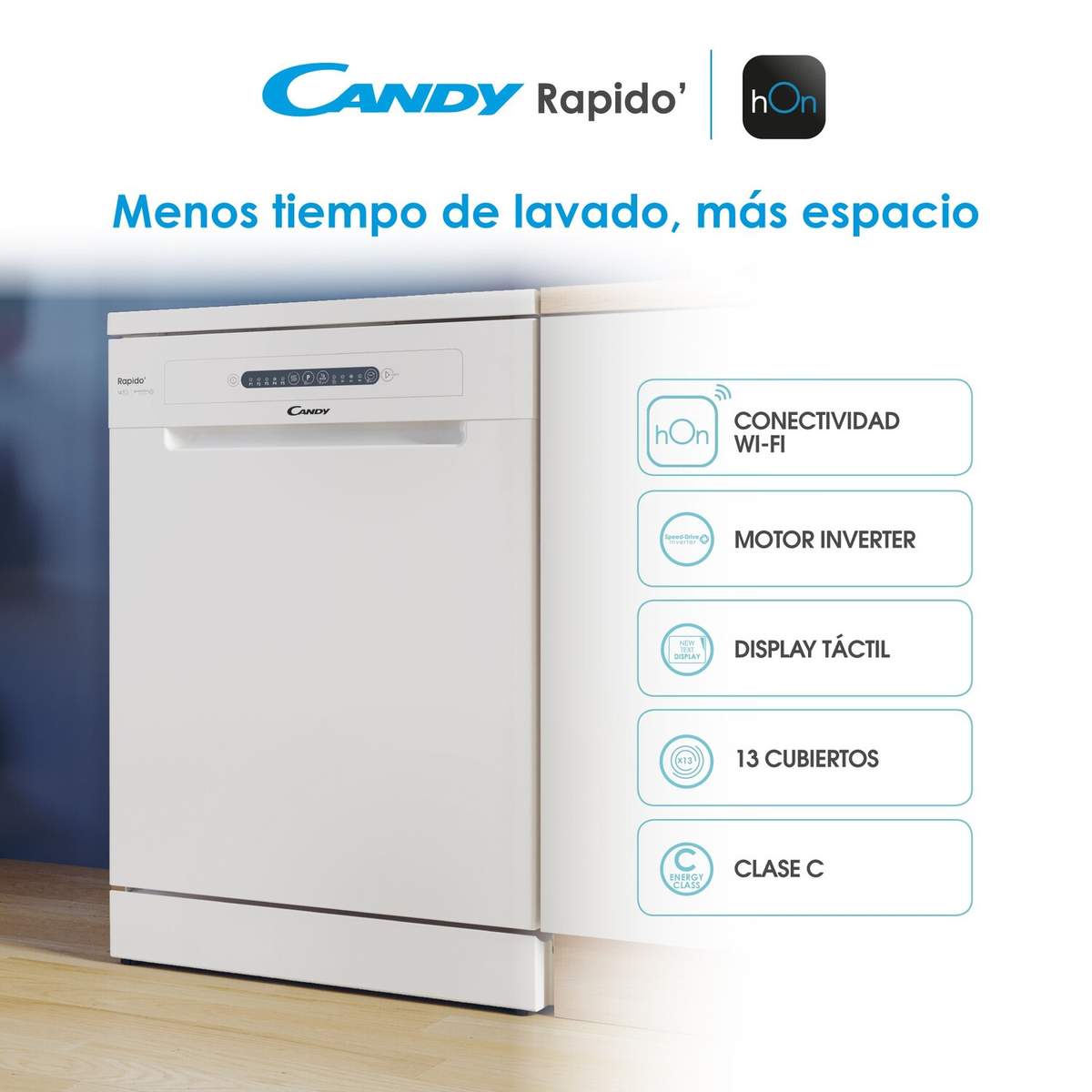 Un lavavajillas blanco con panel de control y características del producto a la derecha.