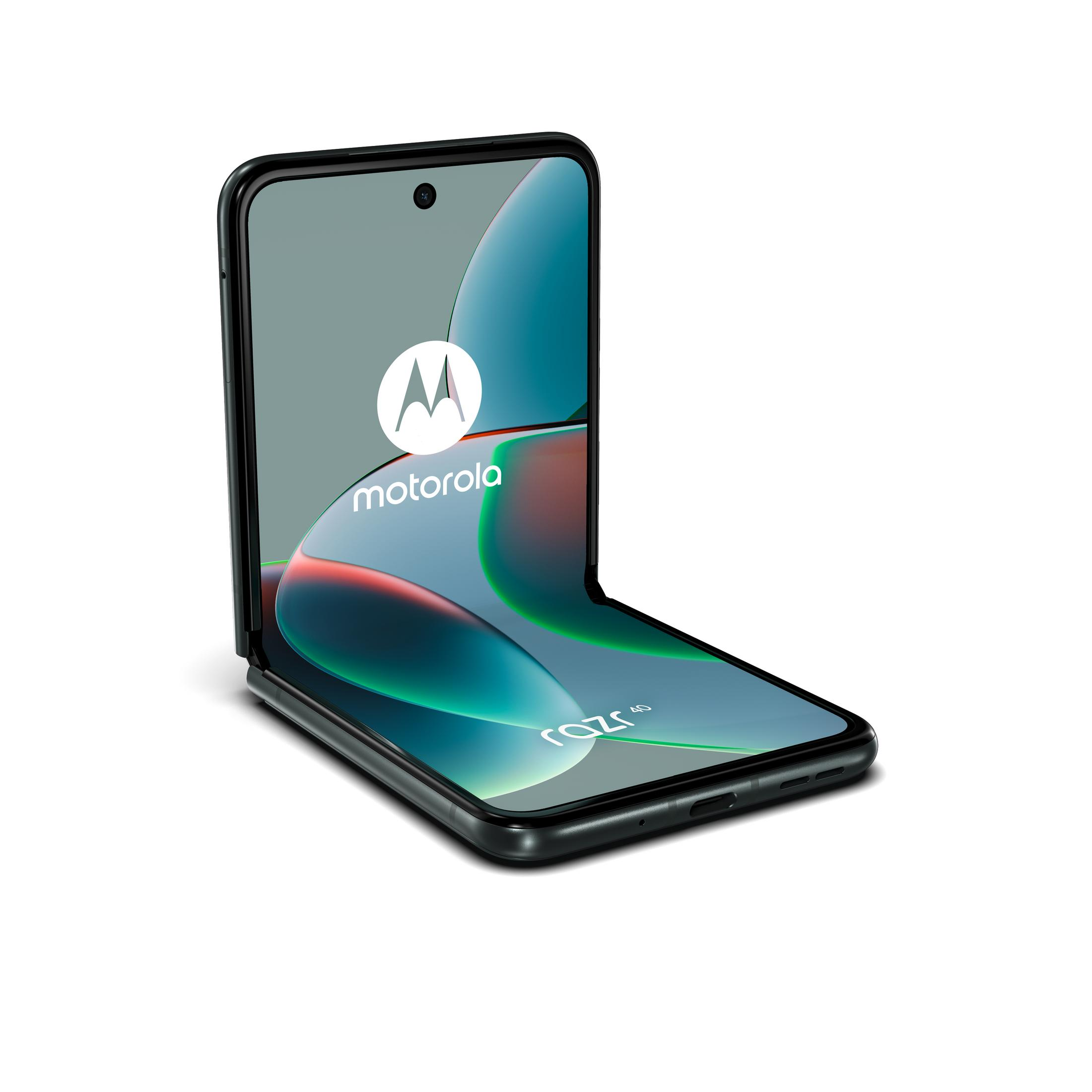 Czarny telefon Motorola Razr, częściowo otwarty, wyświetlający kolorowy ekran.