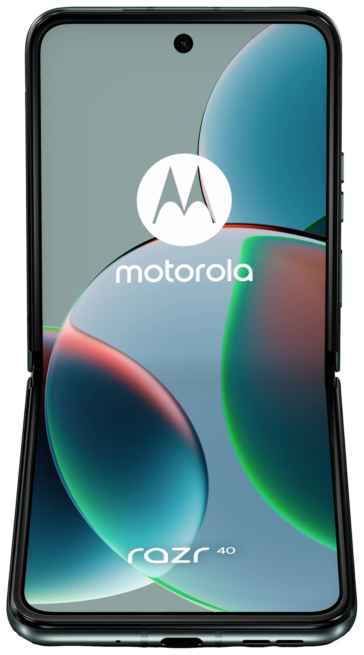 Czarny składany telefon Motorola Razr 40, otwarty i widok z przodu.