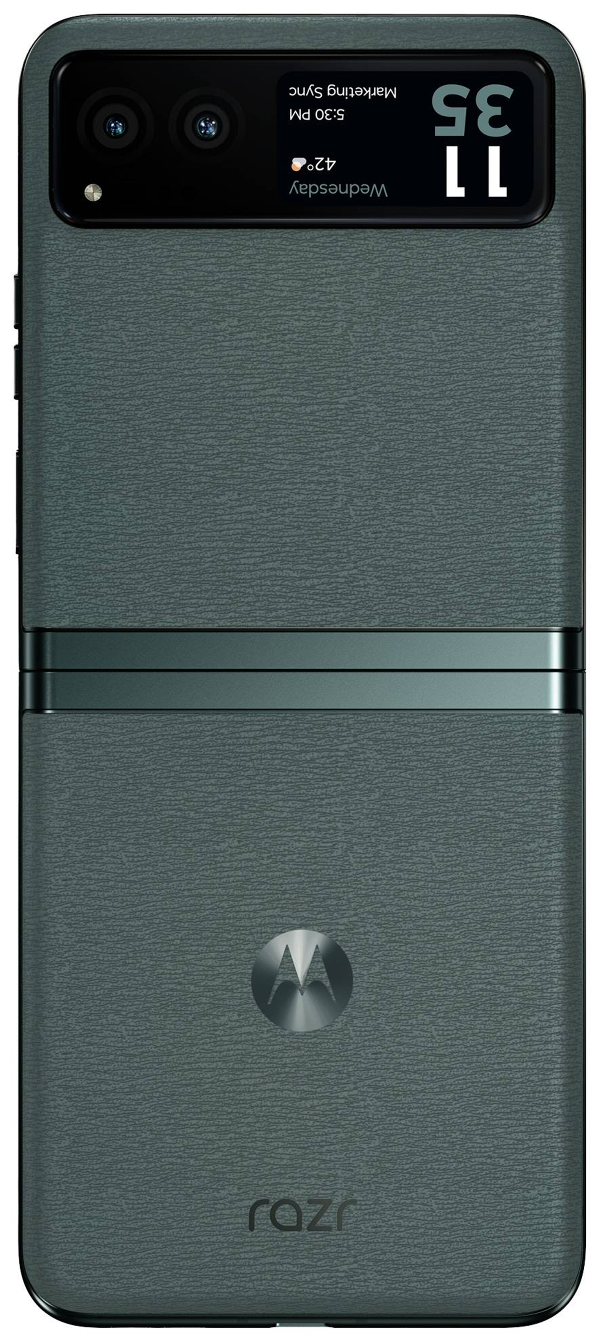 Zamknięty, szary telefon Motorola Razr. Ekran pokazuje godzinę i datę. Widoczne logo.