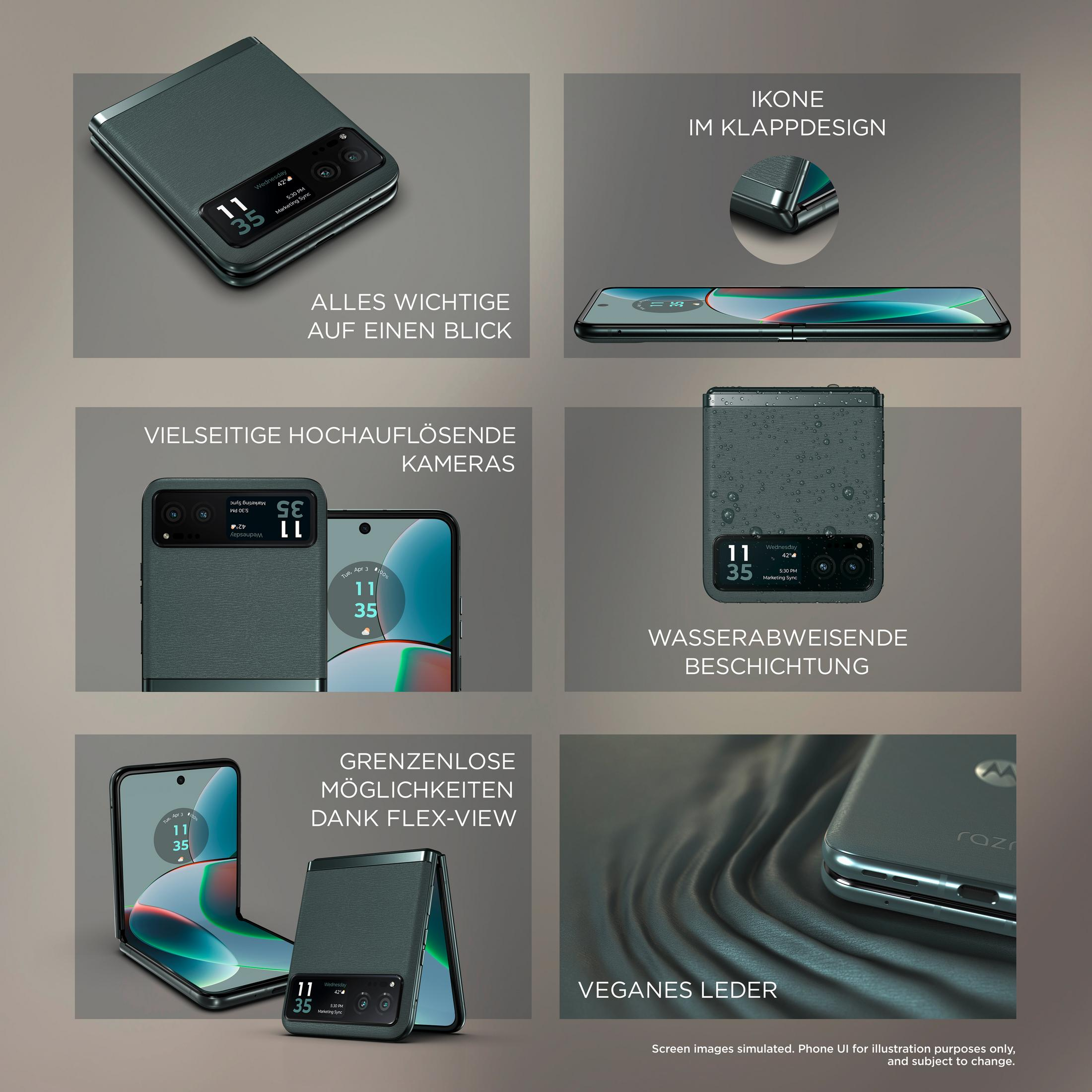 Smartfon z wieloma obrazami pokazującymi różne widoki i funkcje.