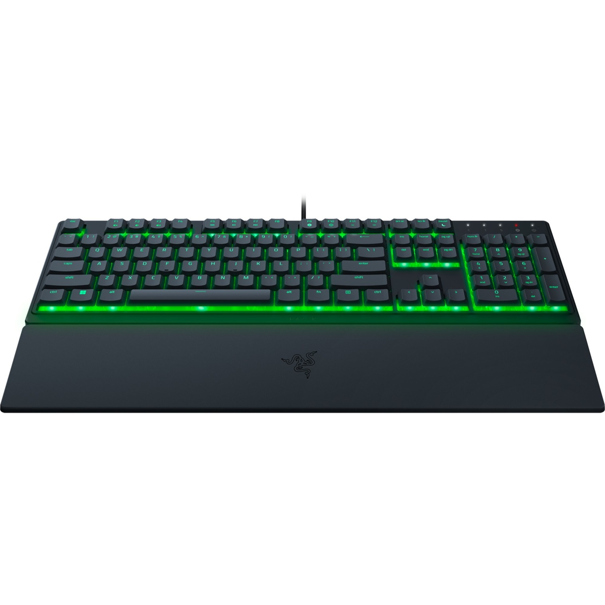 Tastiera da gaming nera con illuminazione LED verde, con poggiapolsi, su sfondo bianco.