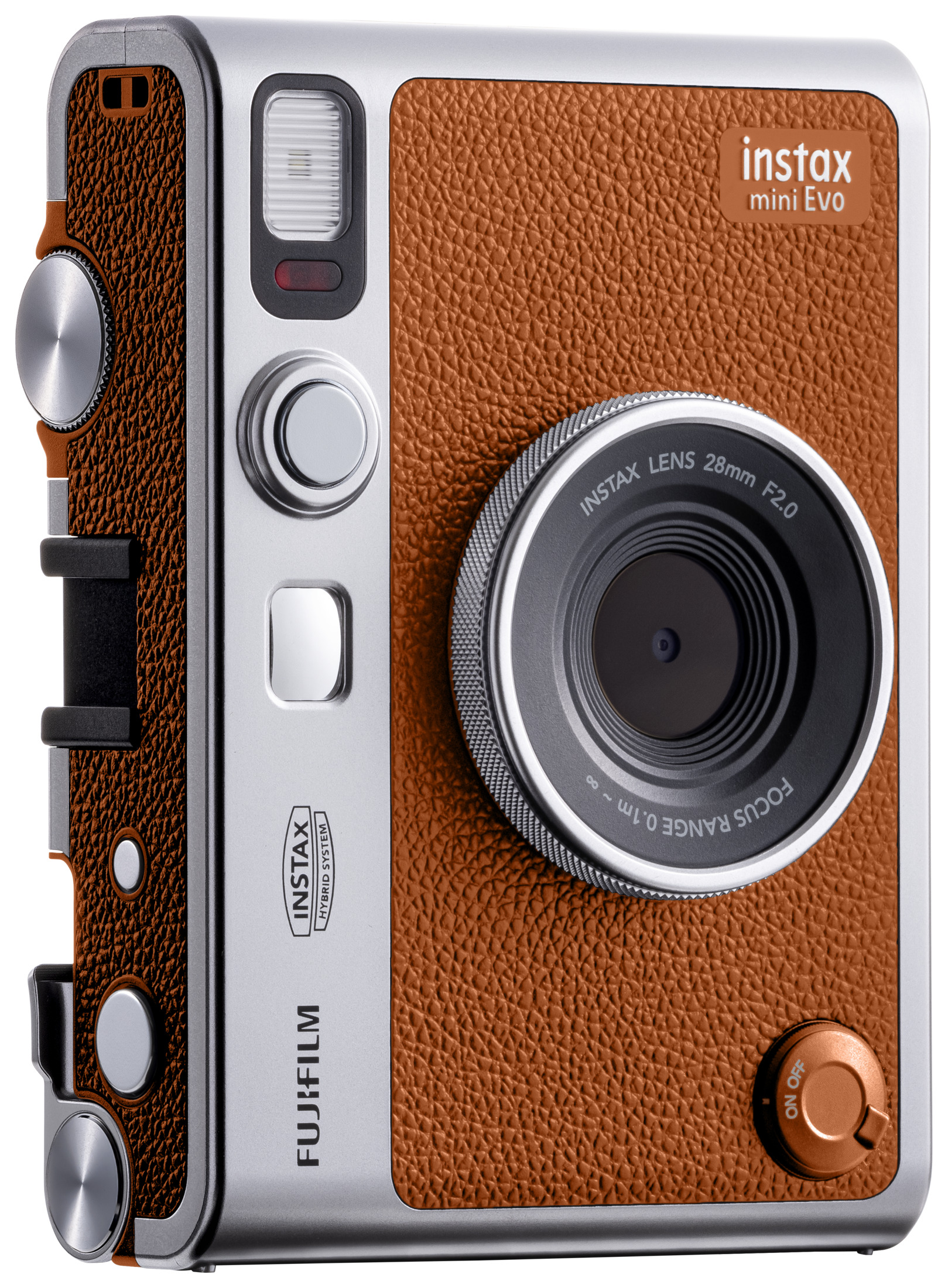 Braune und silberne Instax Mini Evo Kamera mit strukturiertem Lederdesign.