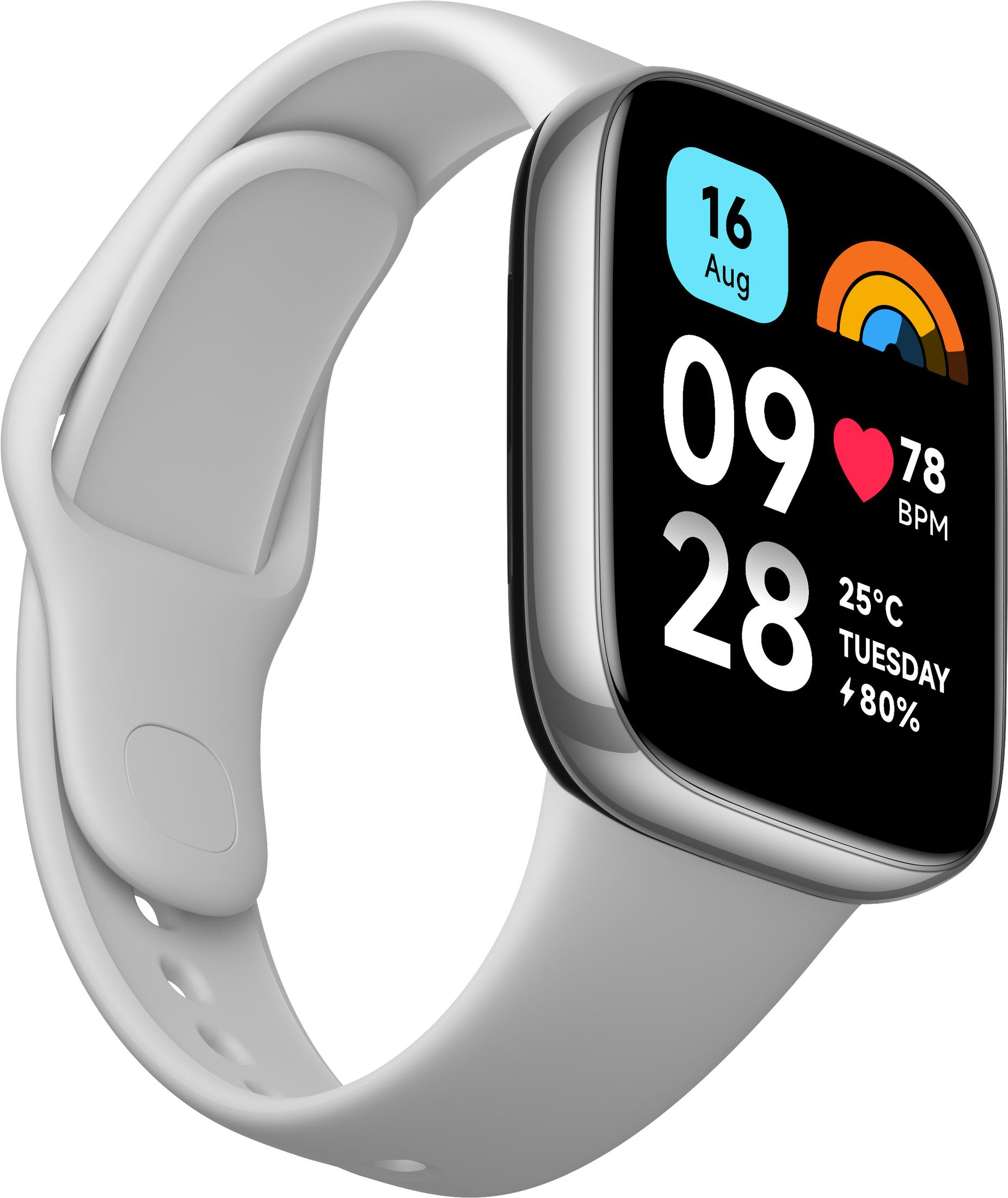 Smartwatch mit weißem Armband. Zeigt Datum, Uhrzeit, Akku und Herzfrequenz.
