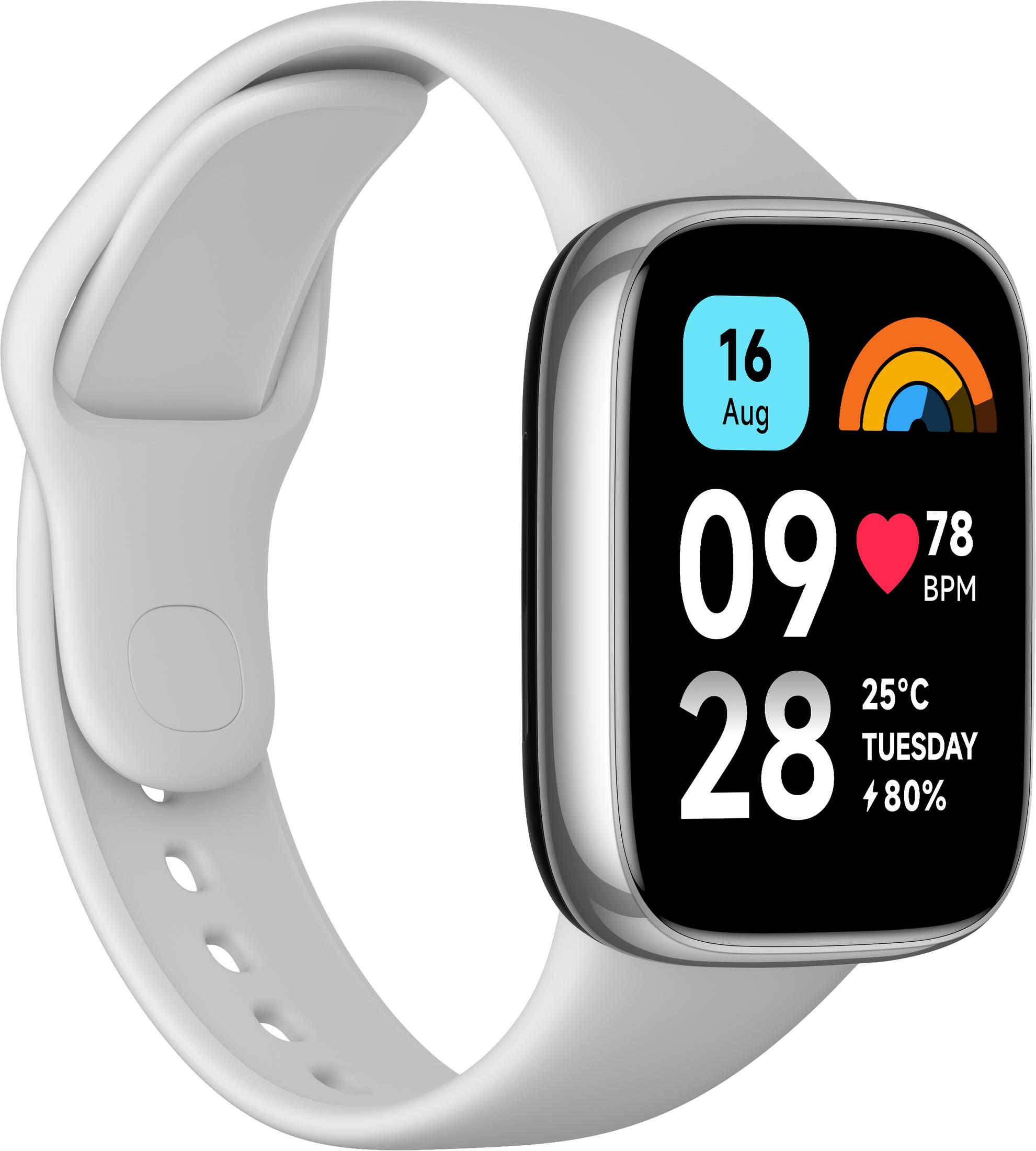 Eine weiße Smartwatch mit einem schwarzen Bildschirm, der Zeit, Datum und Gesundheitsmetriken anzeigt.