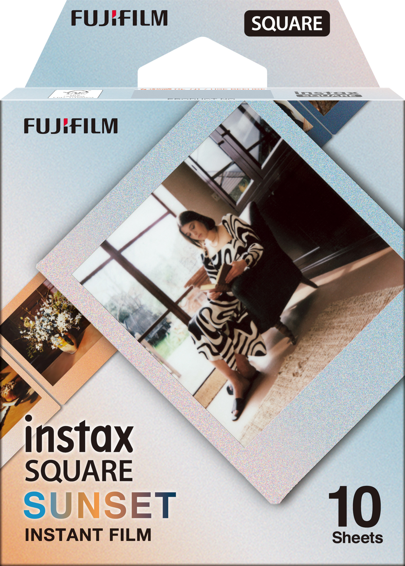 A FujiFilm Instax Square Sunset instant film box, with a photo of a woman in a patterned dress.