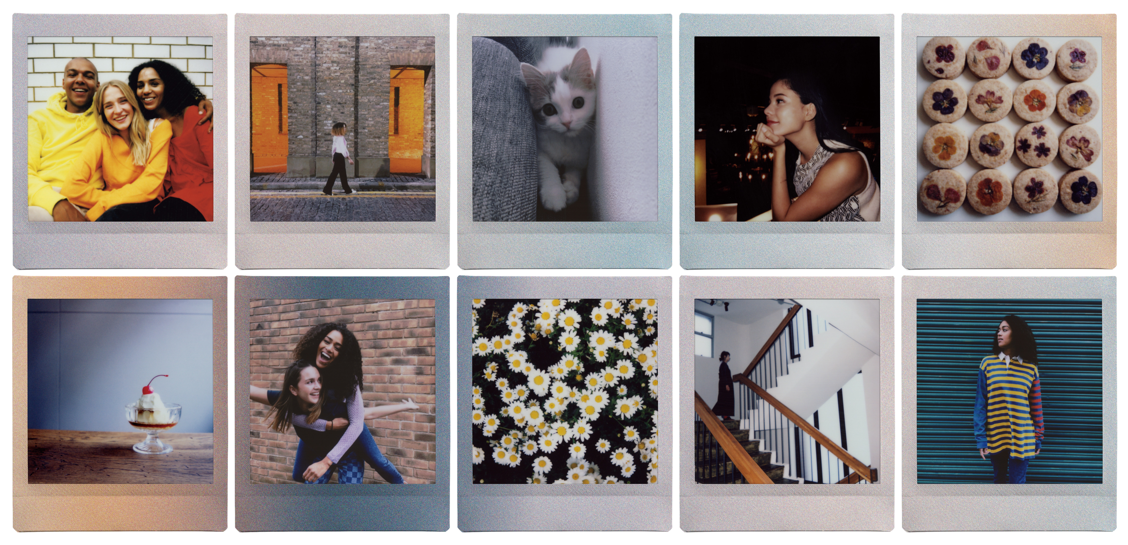 Polaroid-style photos showing various scenes: people, a cat, food, and flowers.