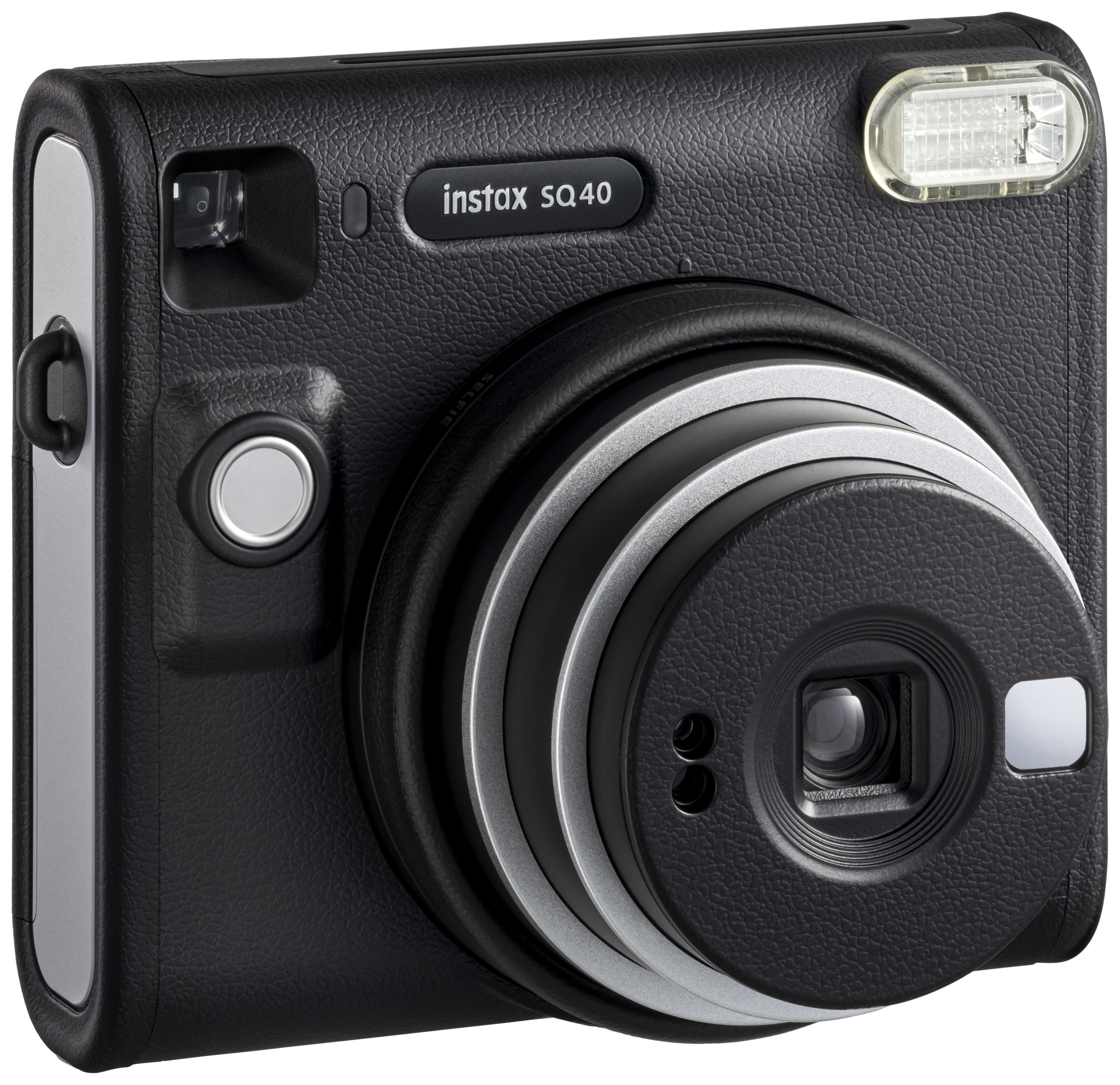 Eine schwarze Instax SQ40 Kamera. Sie hat ein Objektiv, Blitz und verschiedene Knöpfe.