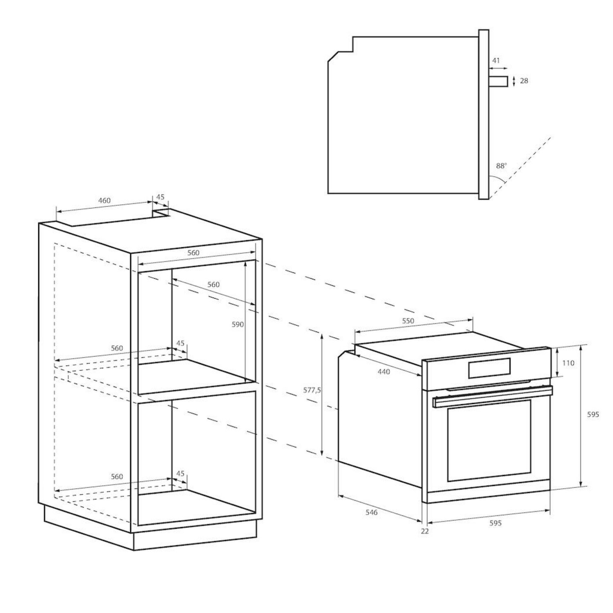 Dibujo técnico de un mueble de cocina y horno con medidas.