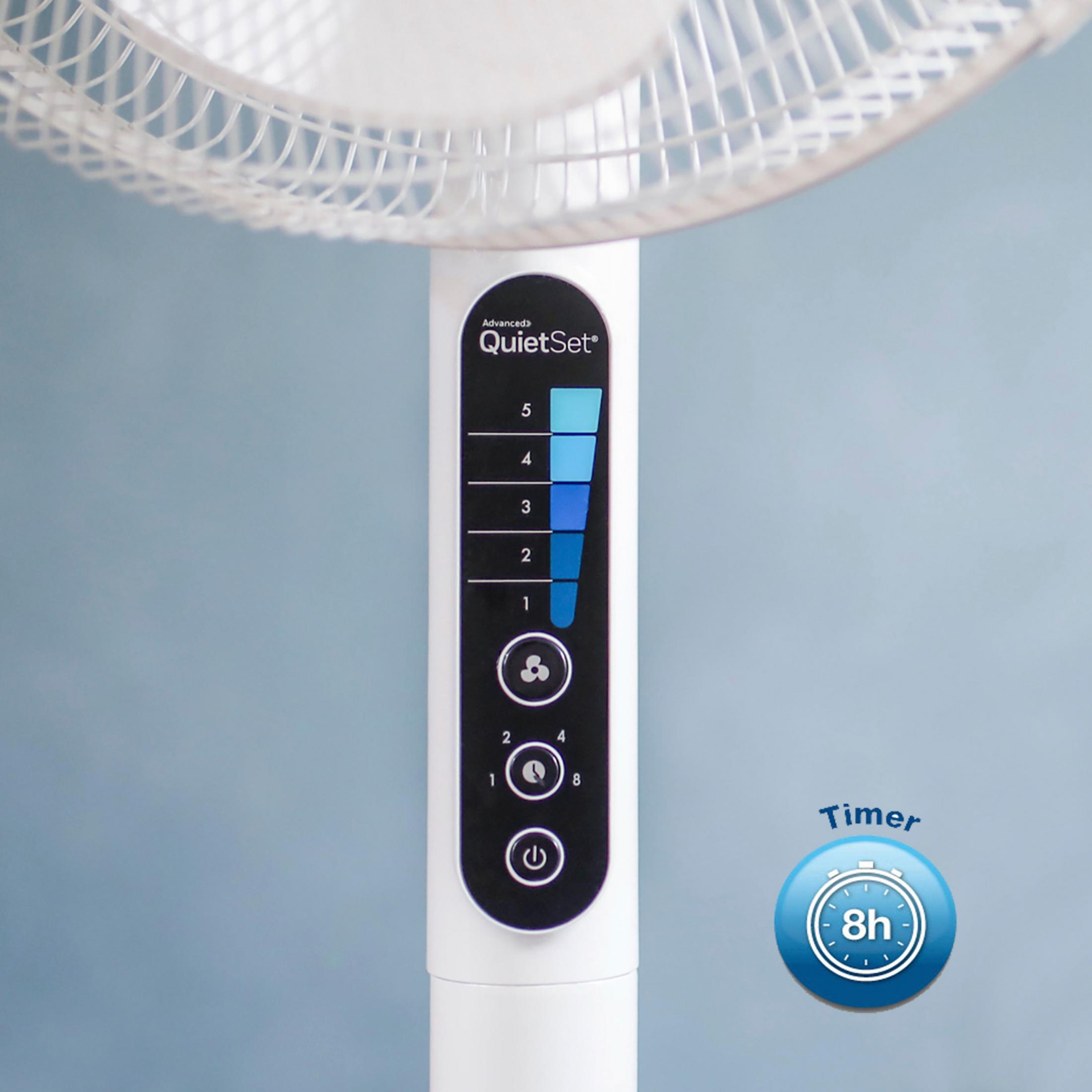 Biały wentylator z niebieskim panelem sterowania. Numery 1-5 pokazują prędkość wentylatora i timer. Ikona timera pokazuje 8h.