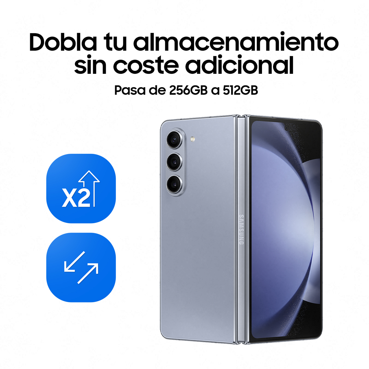 Składany telefon w kolorze niebieskim, z tekstem 'Dobla tu almacenamiento sin coste adicional'.