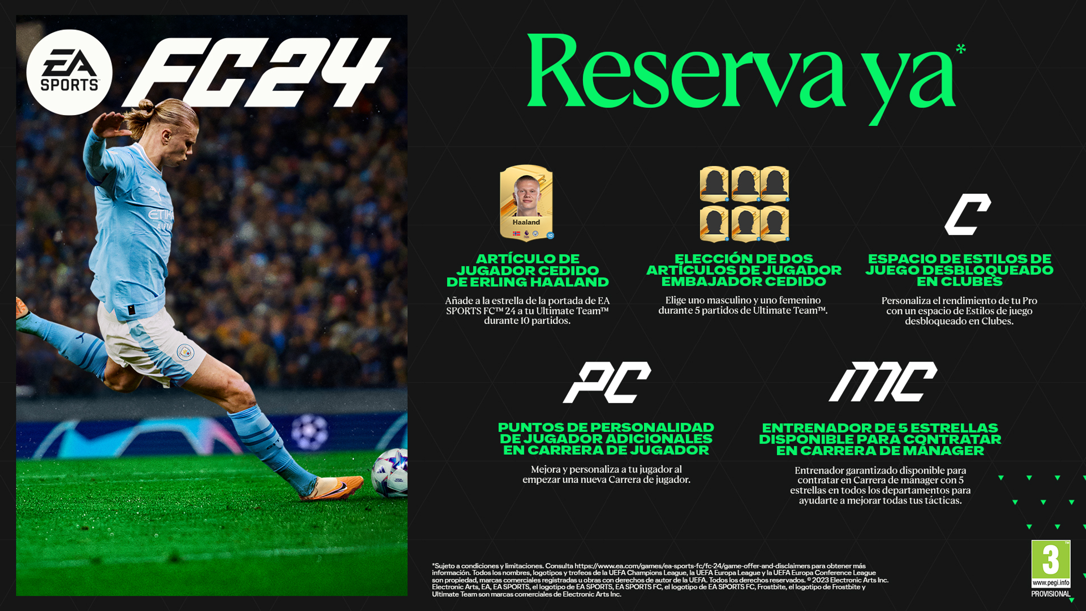 Anuncio de EA Sports FC24 con características del juego.