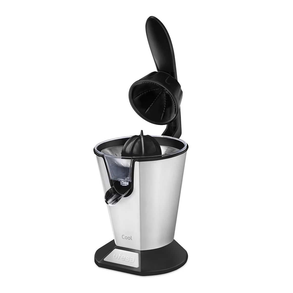 Uno spremiagrumi in acciaio inox con manico e base neri.