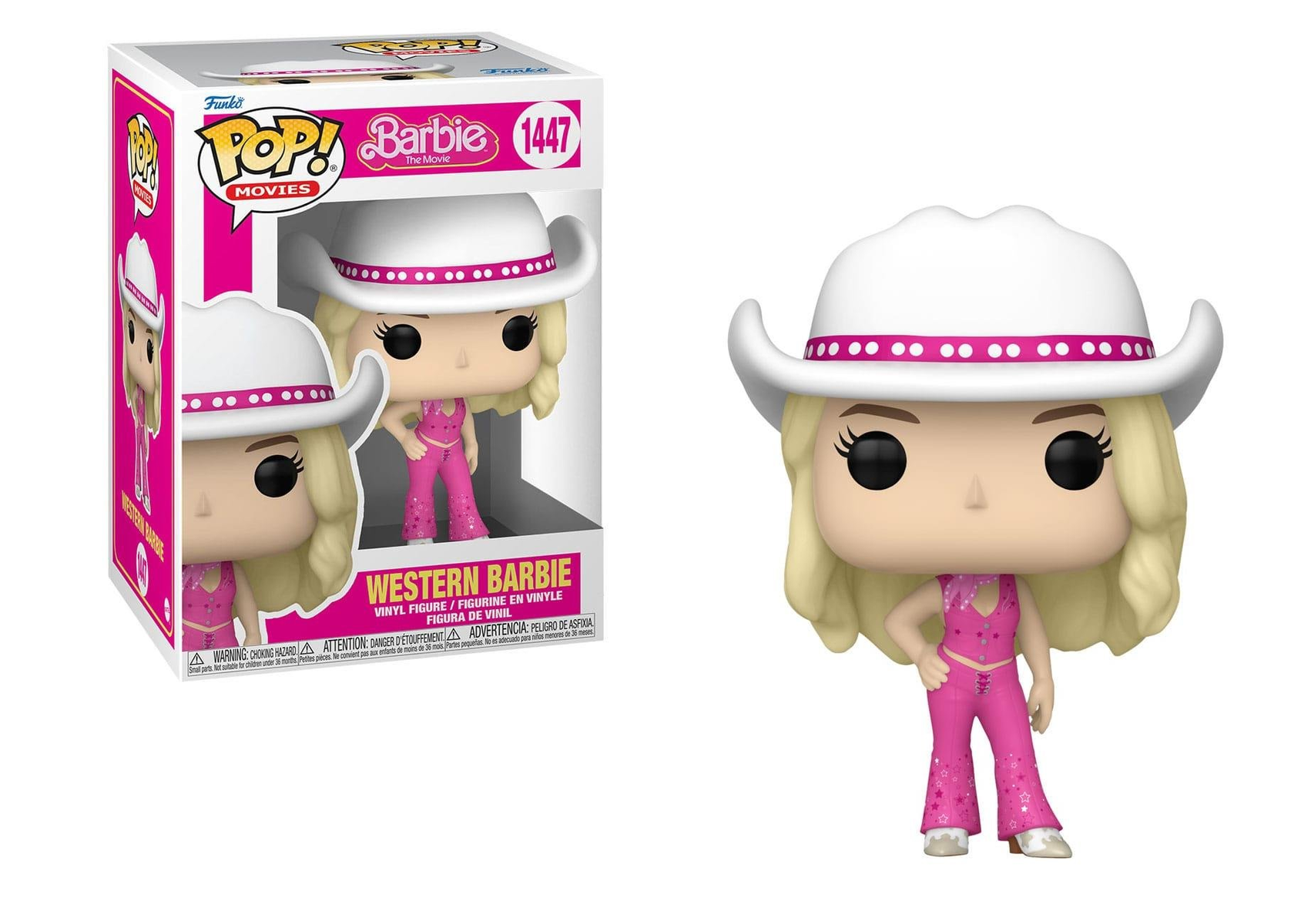 Muñeca Barbie como Barbie vaquera, atuendo rosa, sombrero blanco.