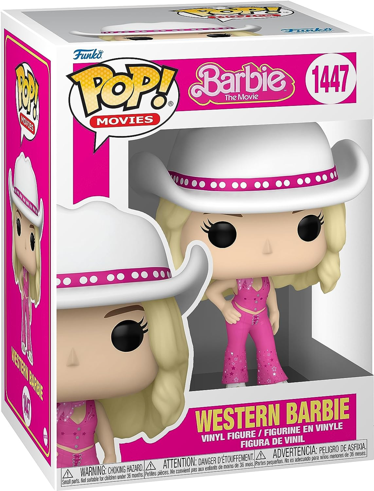 Figura Funko Pop de Barbie vaquera en traje rosa y sombrero blanco, en caja.