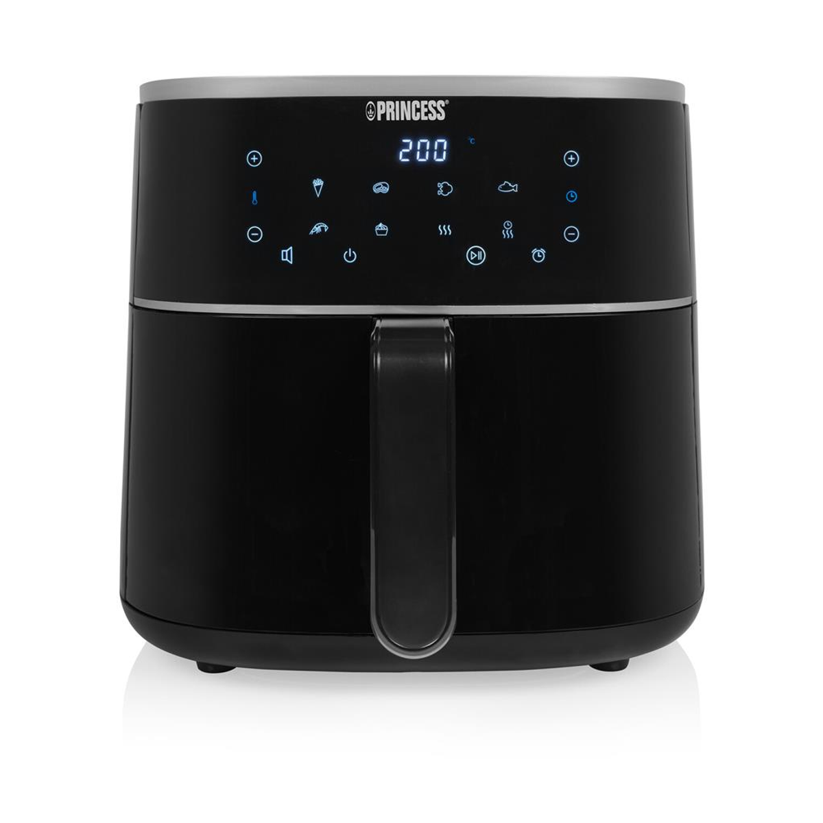 Friggitrice ad aria nera con display digitale. Isolato su sfondo bianco.