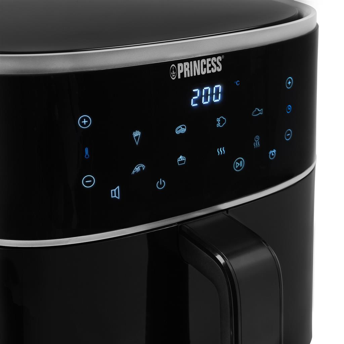 Una friggitrice ad aria nera con un display digitale che mostra la temperatura e le opzioni di cottura.