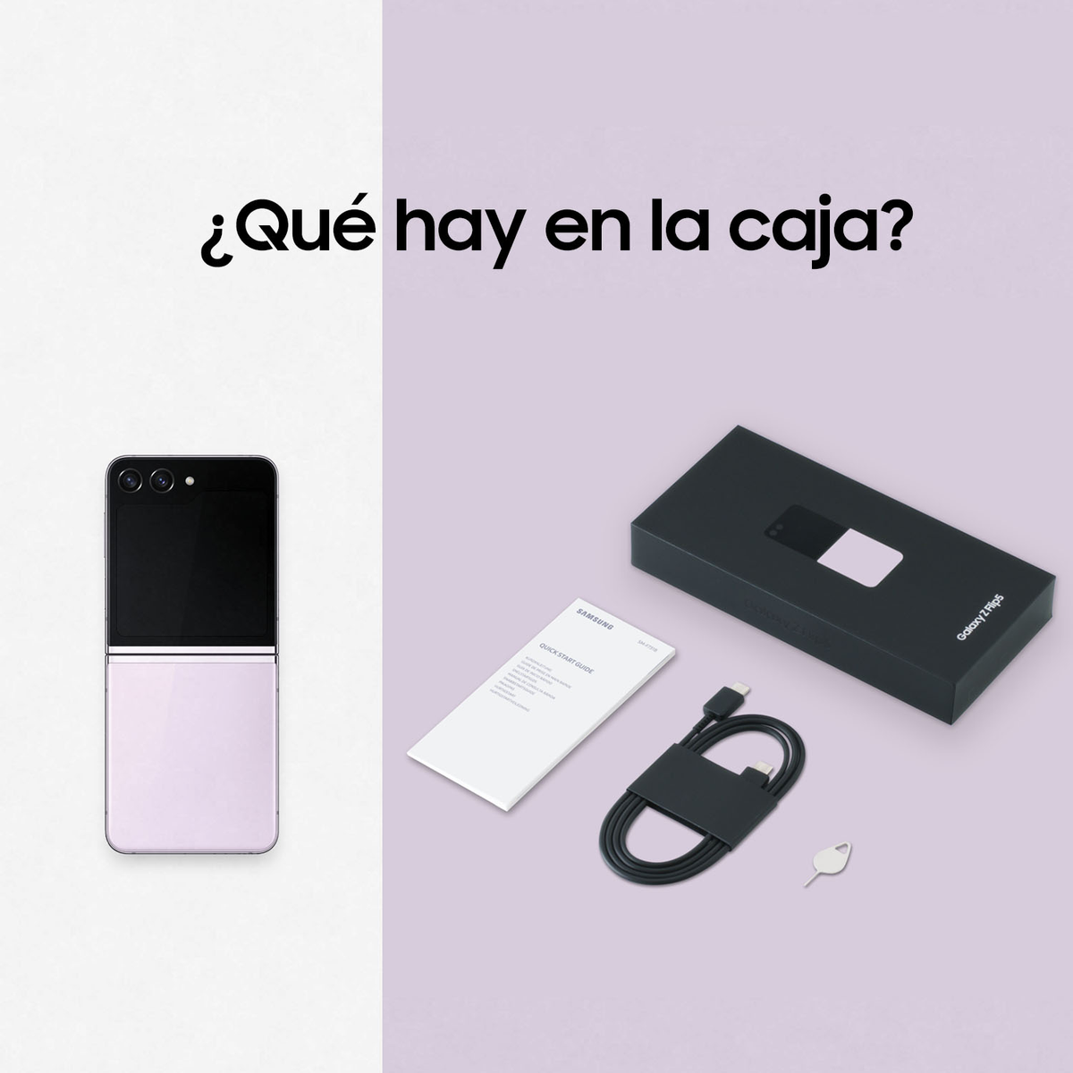 Samsung Galaxy Z Flip5 jest wyświetlany z pudełkiem, kablem i instrukcją na jasnofioletowej powierzchni.