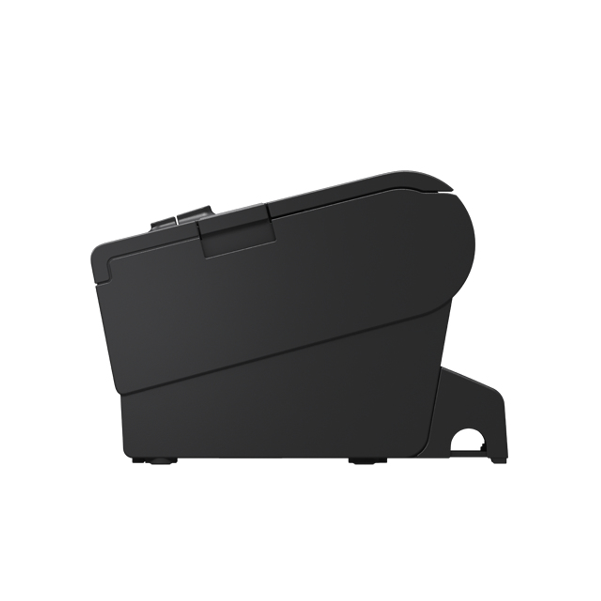 Czarna drukarka z pokrywą i podstawą.