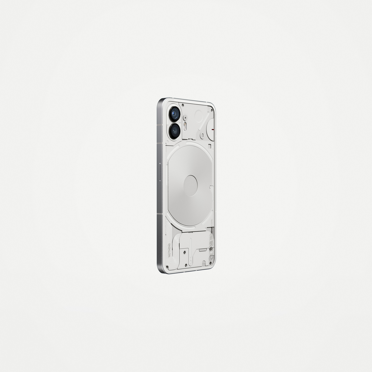 Weißes und silbernes Telefon mit transparentem Rücken, zeigt interne Komponenten.