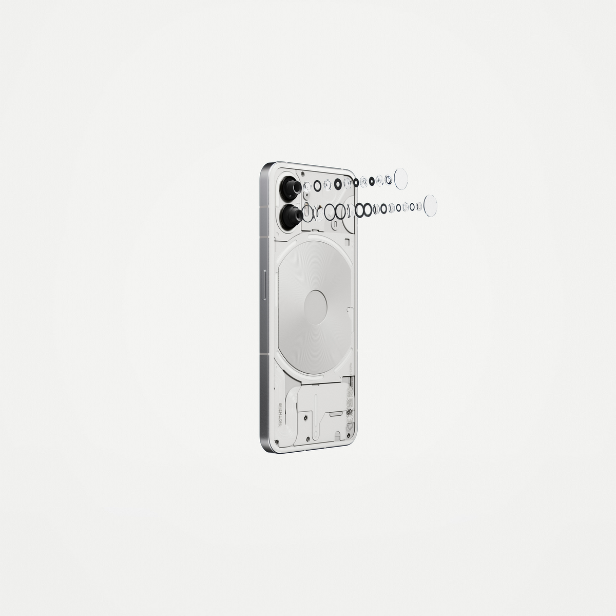 Explosionsansicht der internen Komponenten des Telefons. Weißer Hintergrund, transparente Rückseite.