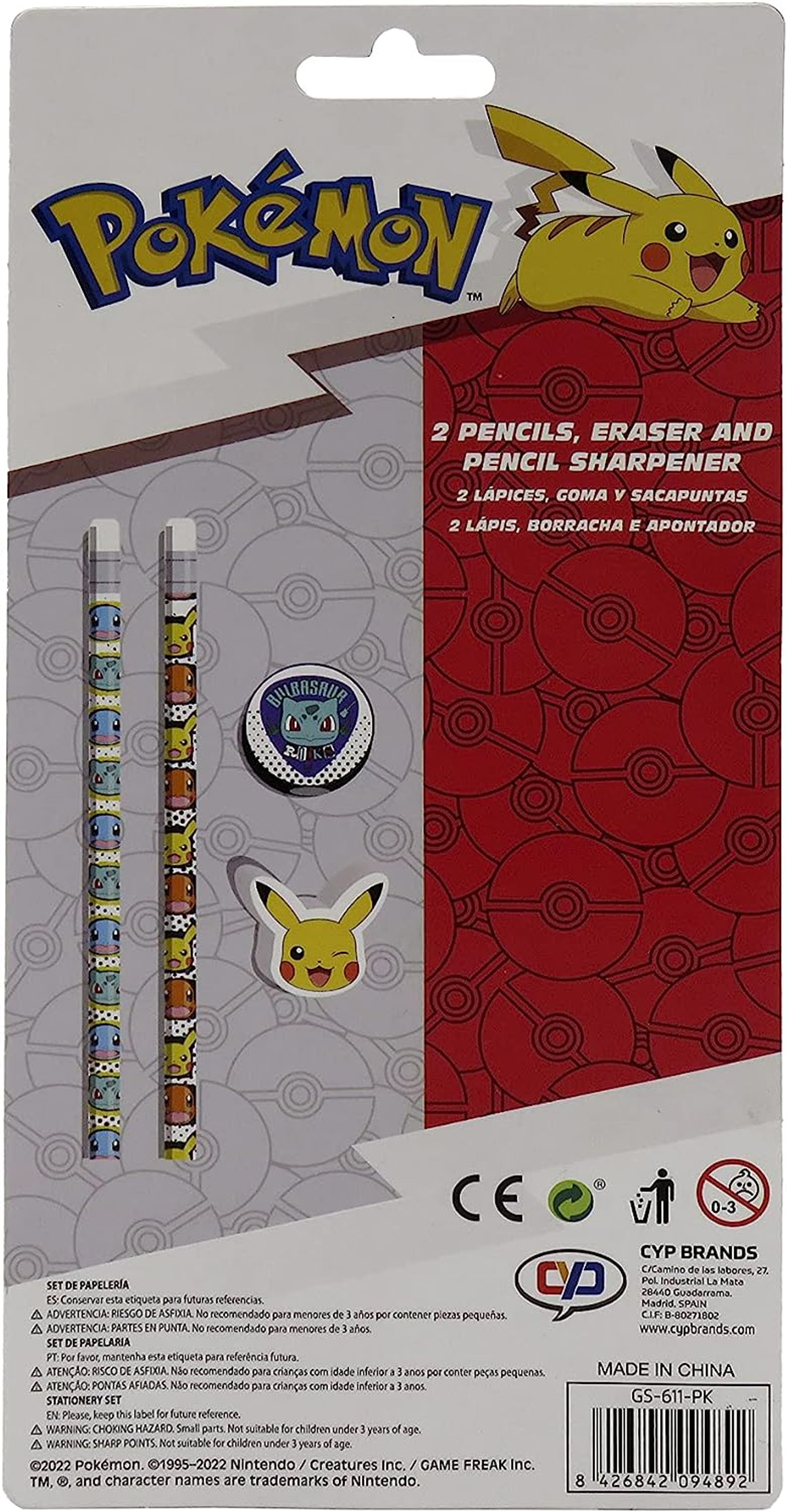 Dorso de un estuche de lápices de Pokemon con lápices, sacapuntas y gomas. Pikachu arriba.