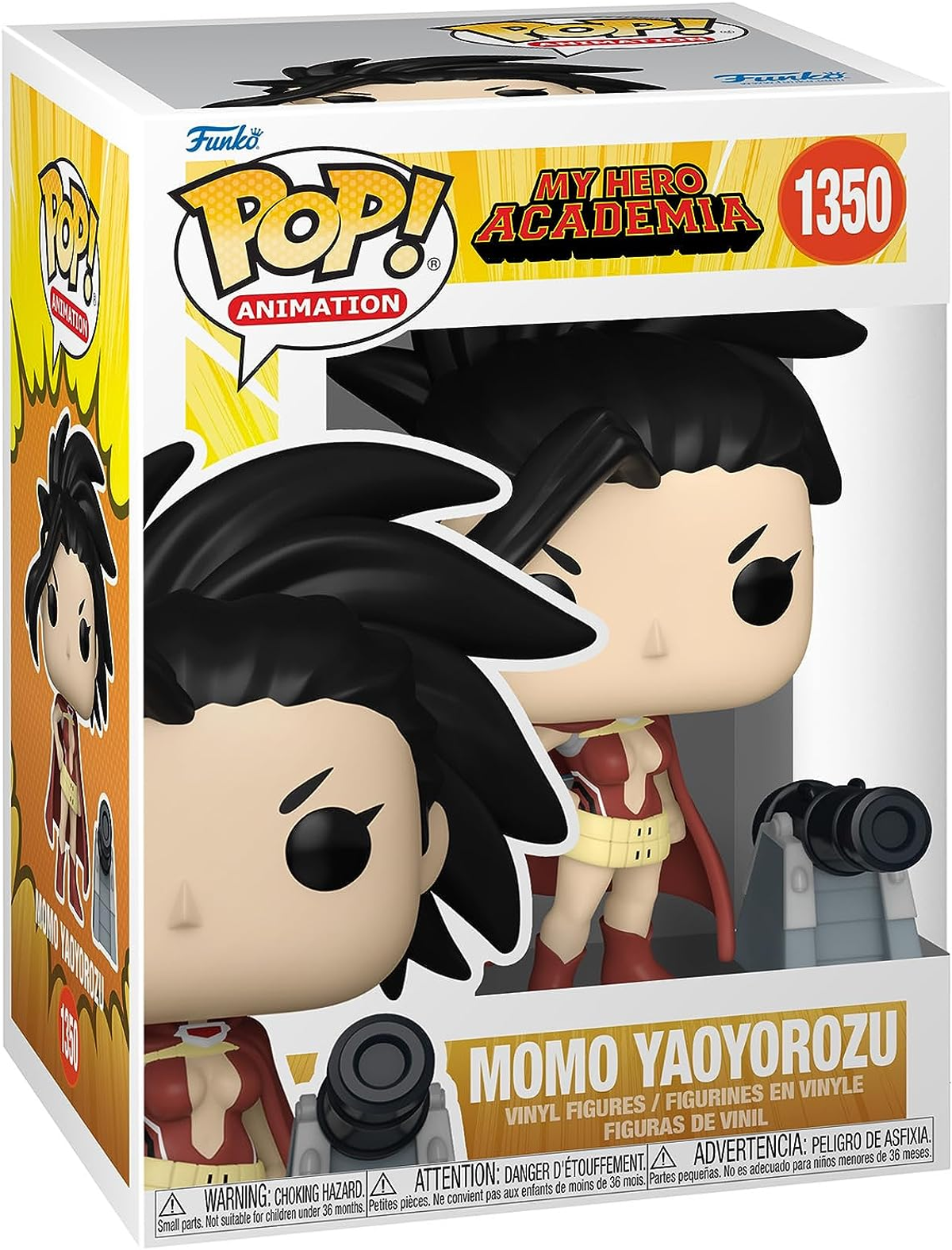 Figura de Momo Yaoyorozu en caja de My Hero Academia. Fondo blanco con texto.