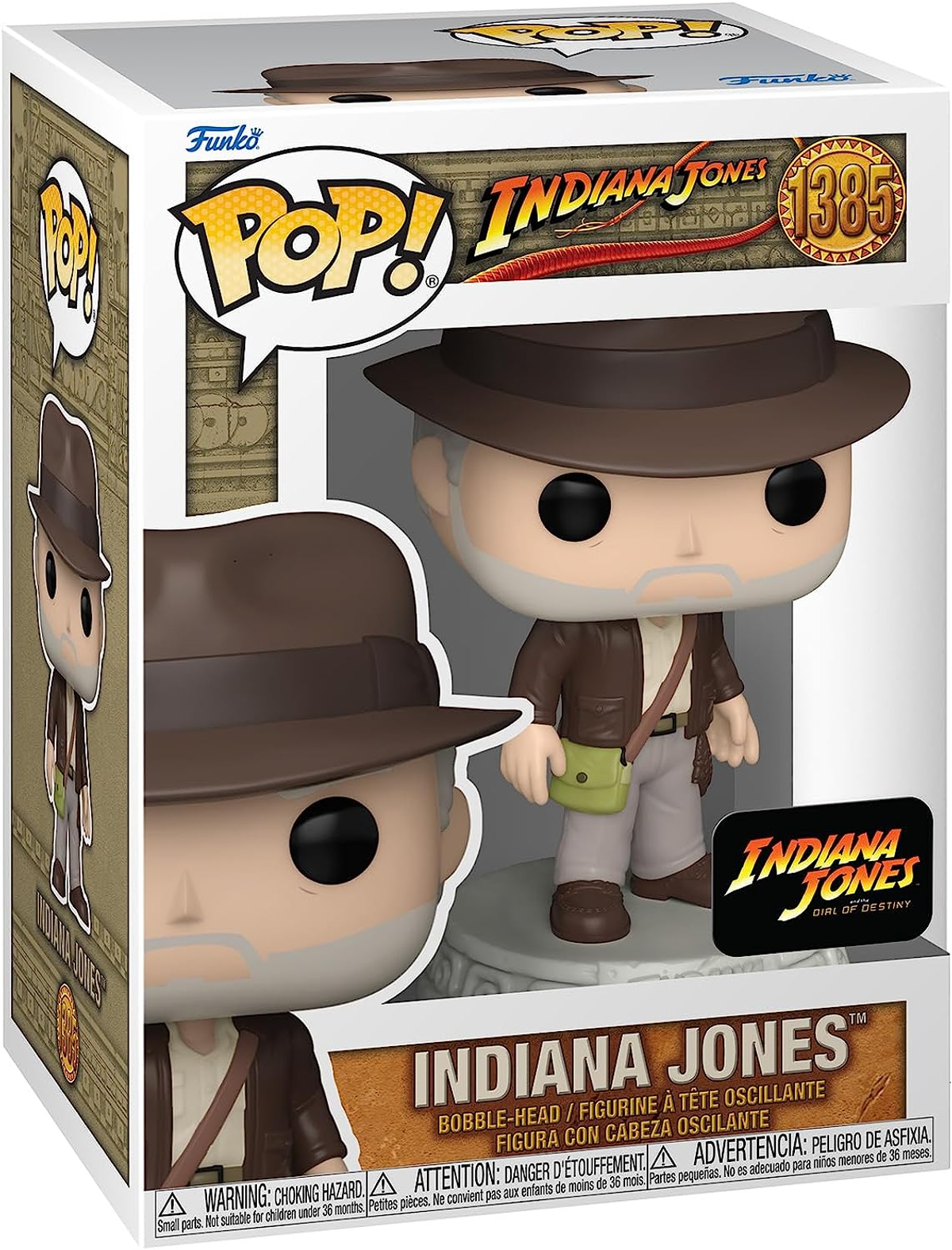 Funko Pop von Indiana Jones in einer Box. Die Figur trägt einen braunen Hut und Jacke.